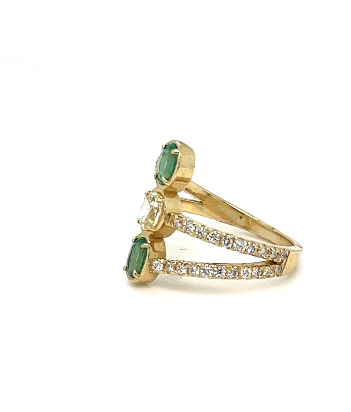 Handmade Yellow, White Diamonds and Emerald Trendy ring. For Sale 6