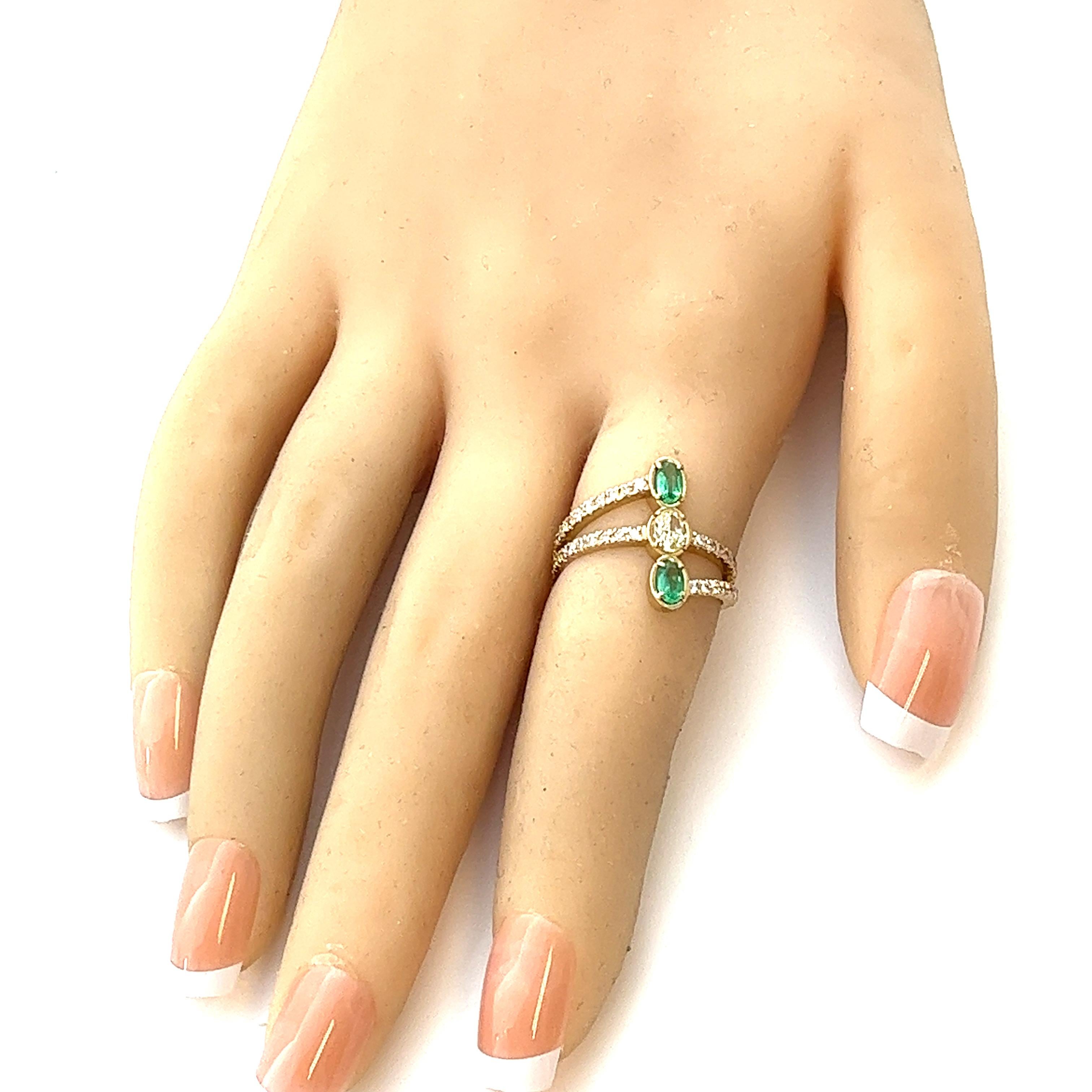 Contemporary Handmade Yellow, White Diamonds and Emerald Trendy ring. For Sale