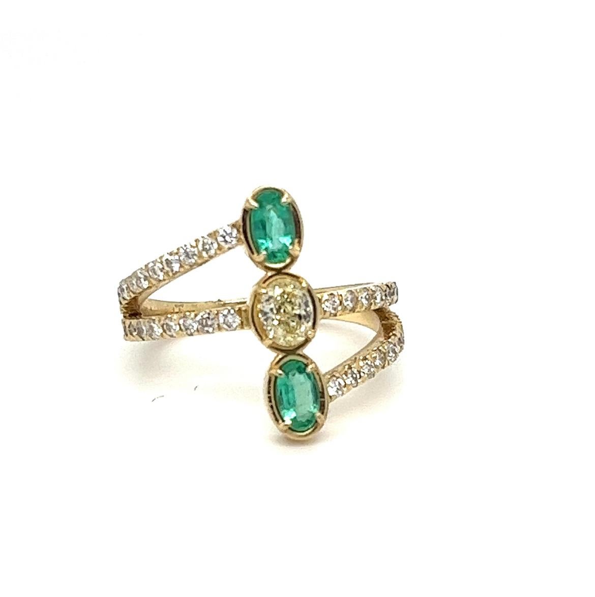 Oval Cut Handmade Yellow, White Diamonds and Emerald Trendy ring. For Sale