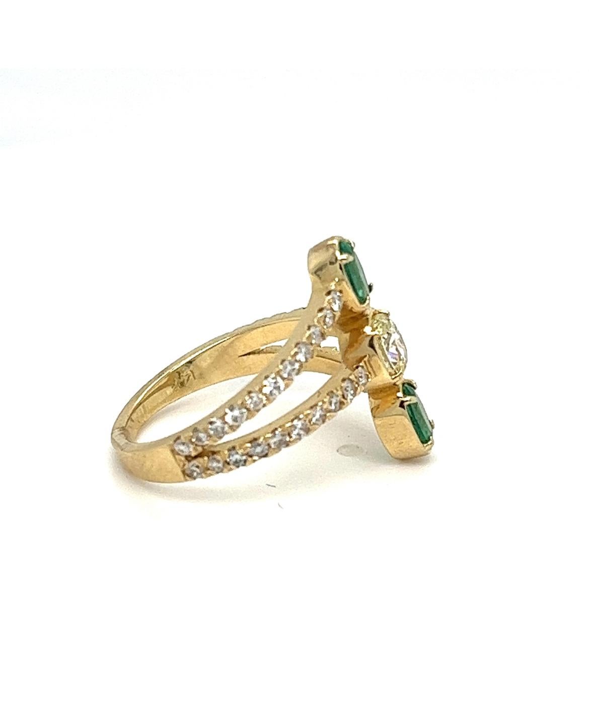 Women's Handmade Yellow, White Diamonds and Emerald Trendy ring. For Sale