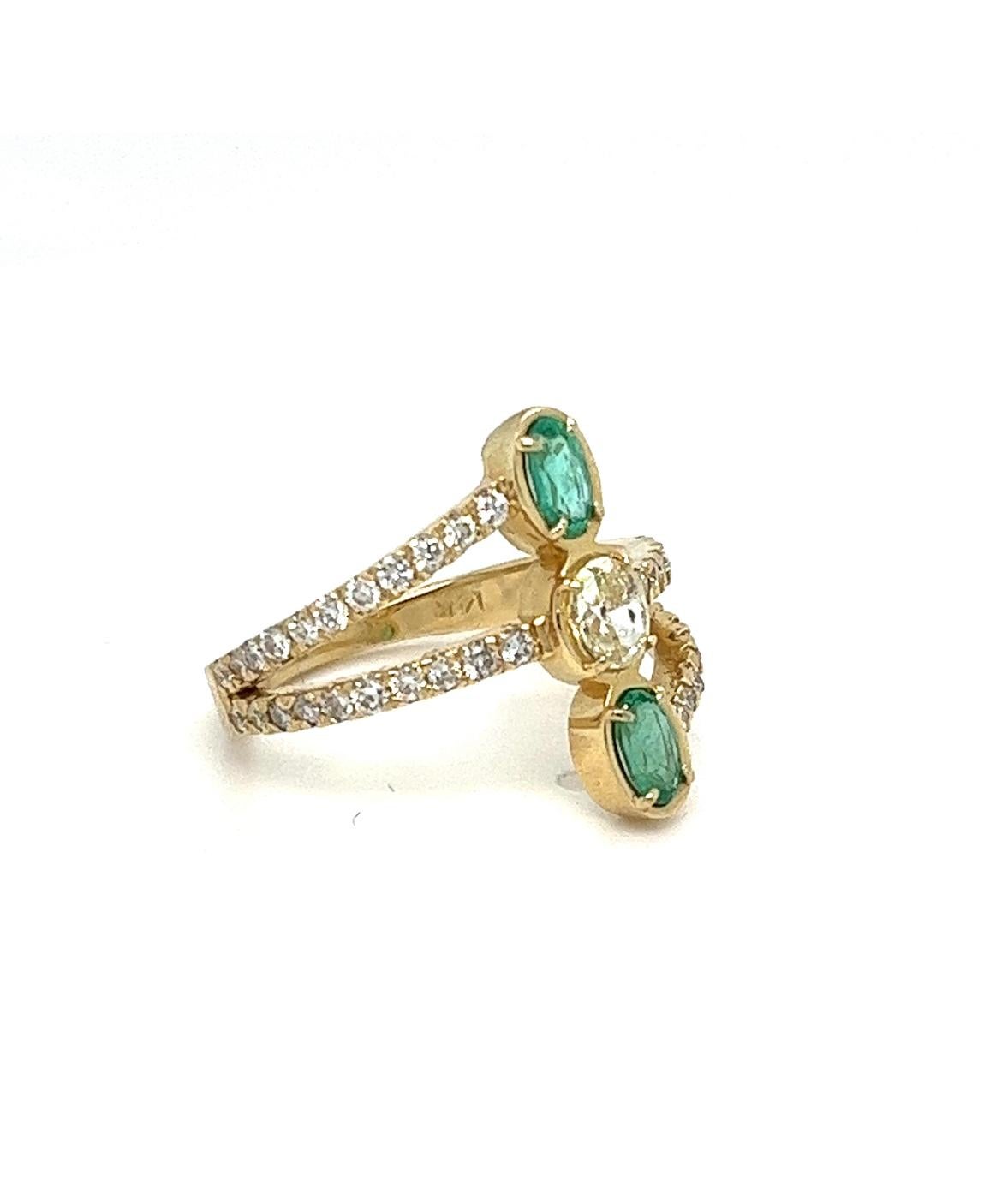 Handmade Yellow, White Diamonds and Emerald Trendy ring. For Sale 1