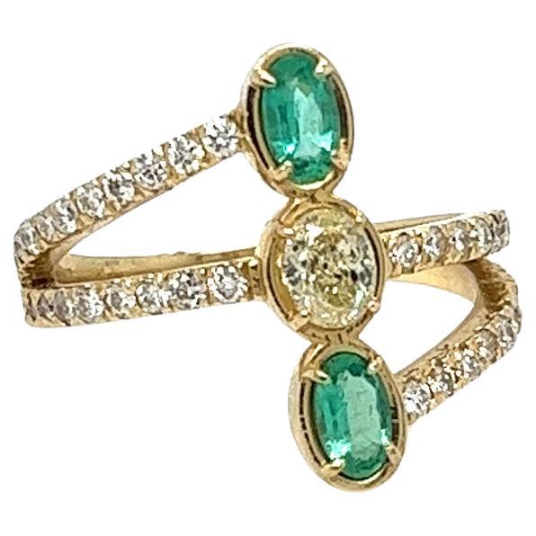 Handmade Yellow, White Diamonds and Emerald Trendy ring. For Sale