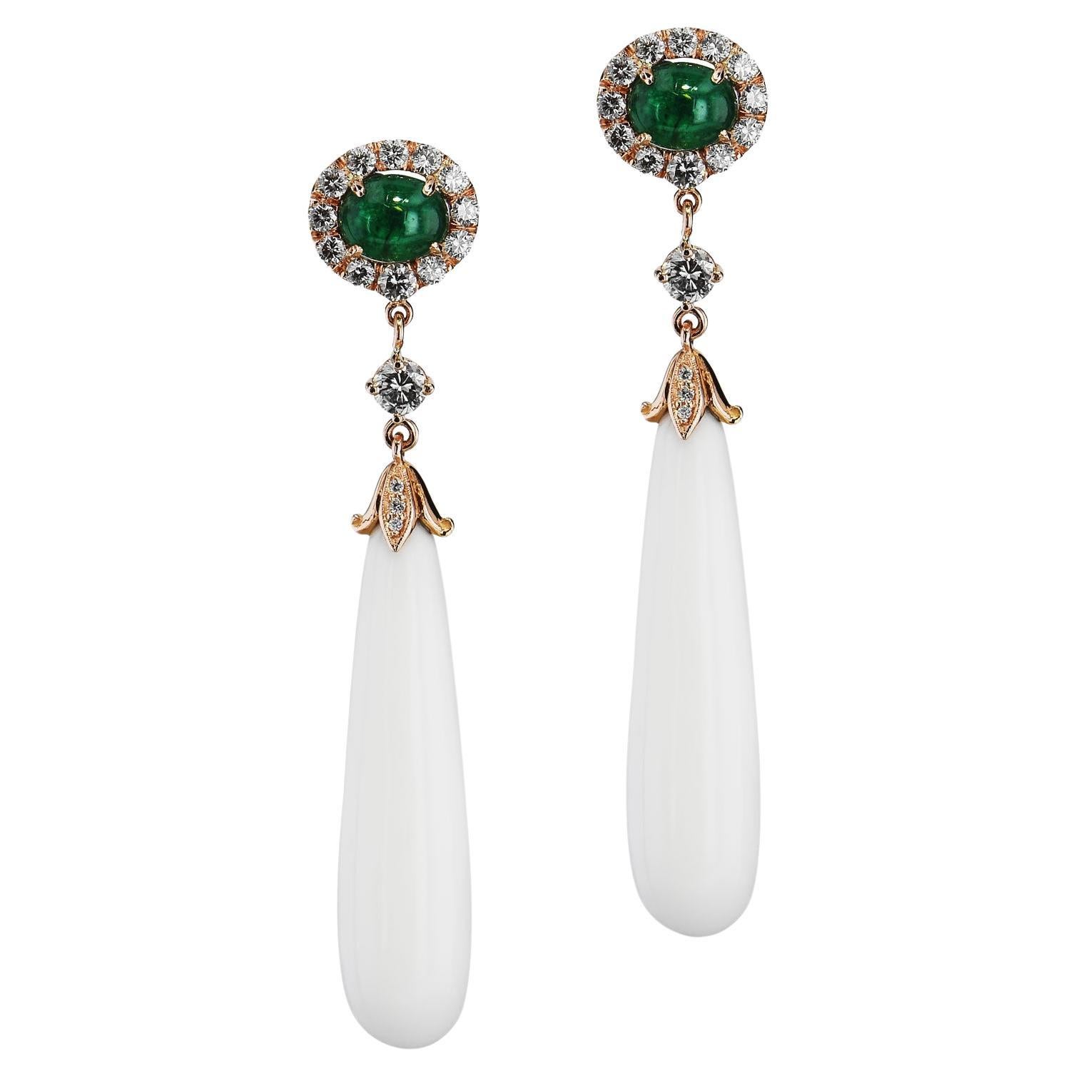 Handmade Zambian Emerald Agate Rose Gold Diamond Pave Drop Earrings For Sale