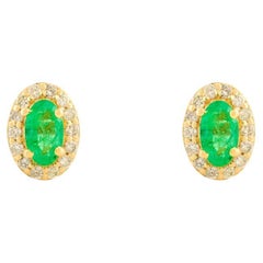 Handmade Zambian Emerald & Diamond Stud Earrings for Mother in 18k Yellow Gold