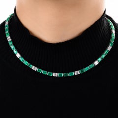 Handmade Zambian Emerald Gemstone Diamond Chain Necklace 14 Karat White Gold