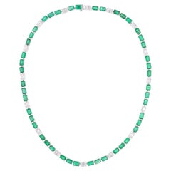 Handmade Zambian Emerald Gemstone Diamond Chain Necklace 14 Karat White Gold