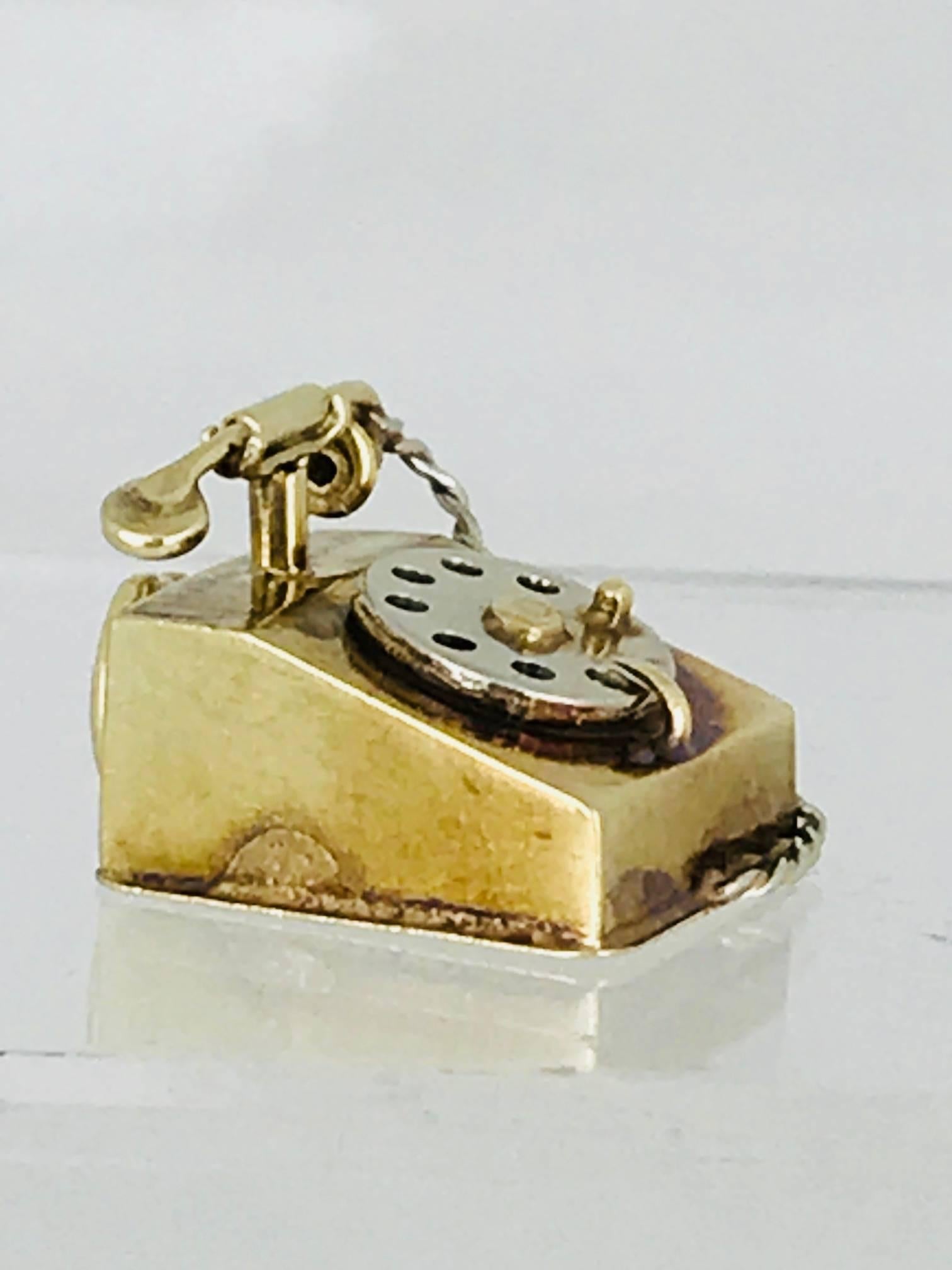Handmade, Telephone Charm, Two-Tone 14 Karat Gold, circa 1960 In Excellent Condition For Sale In Aliso Viejo, CA