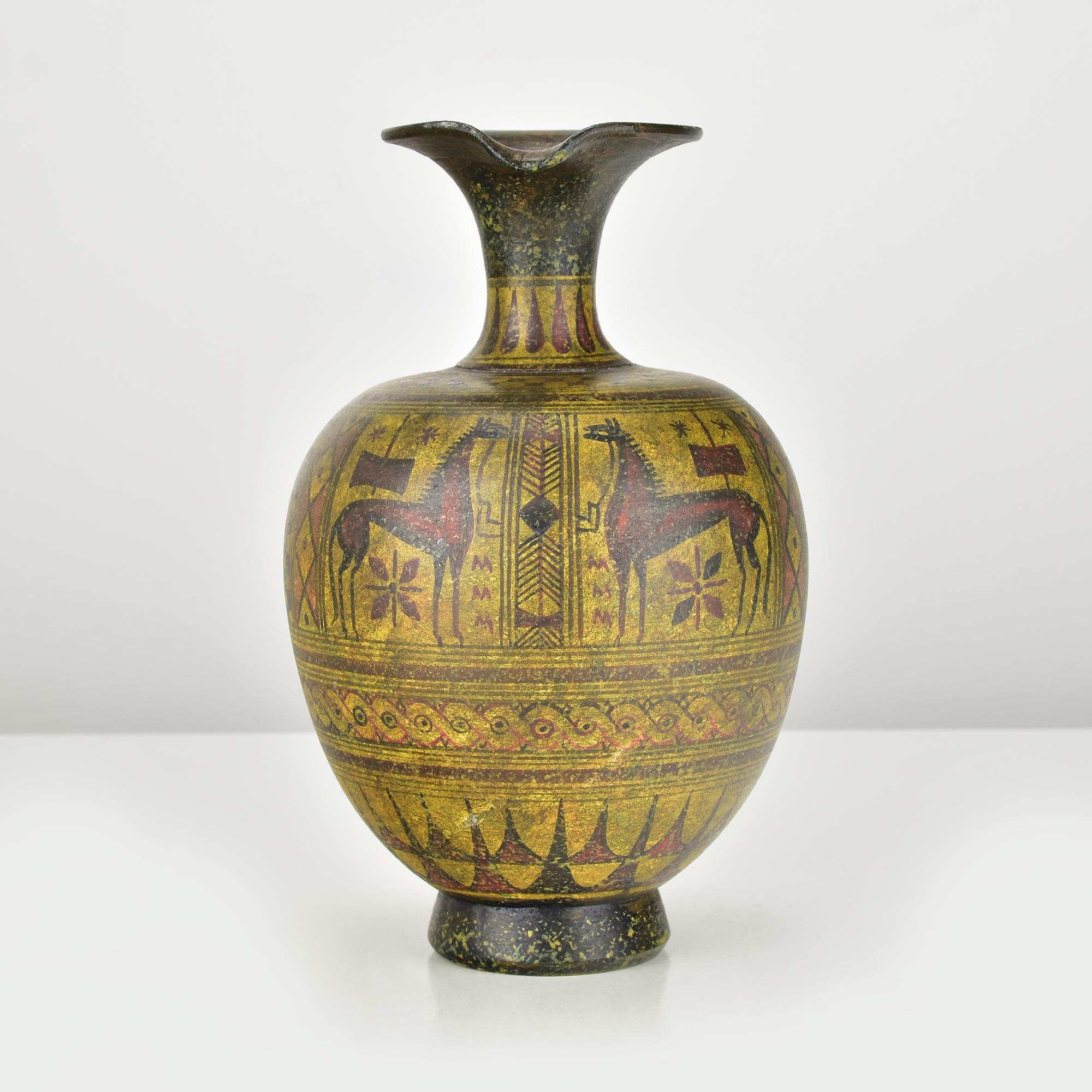 This exquisite 19th-century hand-painted ceramic amphora is a finely crafted Grand Tour museum replica of an ancient Greek Geometric-style vessel, circa 800 BCE. The amphora features intricate geometric motifs, checkerboard patterns, and figural