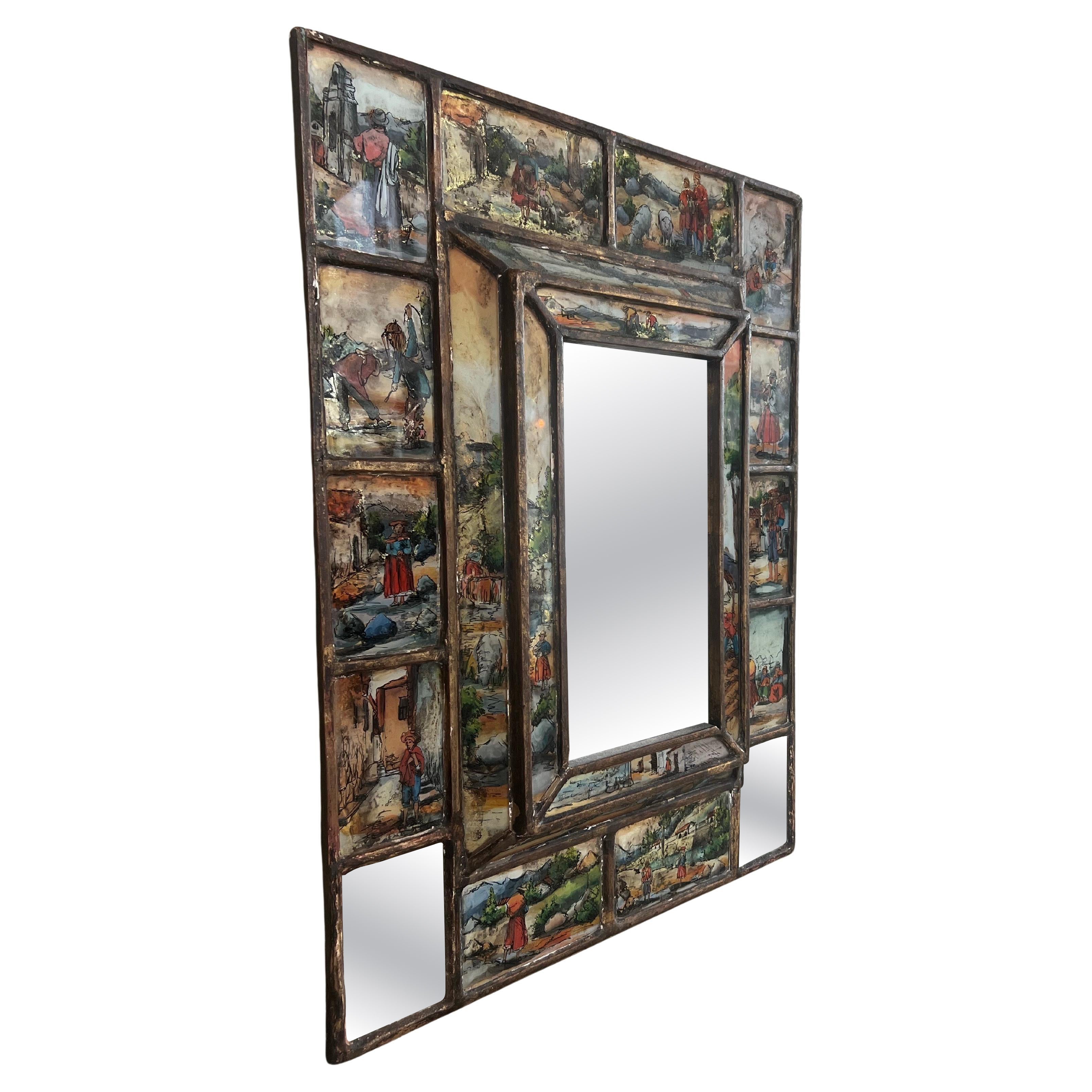 Handpainted and handcrafted Italian wood and glass mirror For Sale