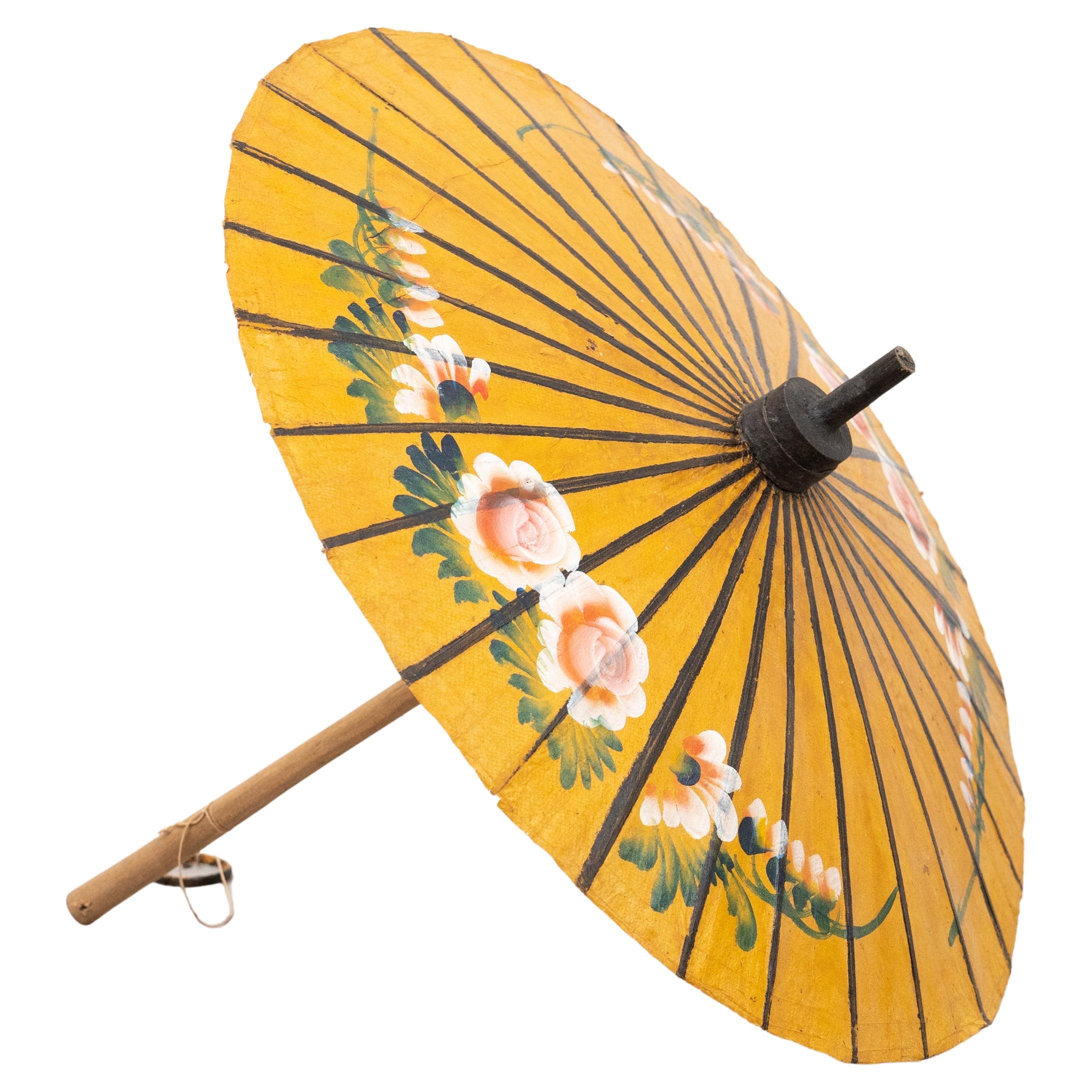 Handpainted Bamboo Umbrella, circa 1950 For Sale