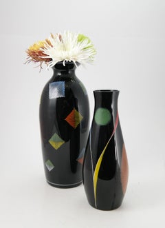 Hand Painted Black Glass Bonbonier by VEB Kunstglas Arnstadt, 1960s