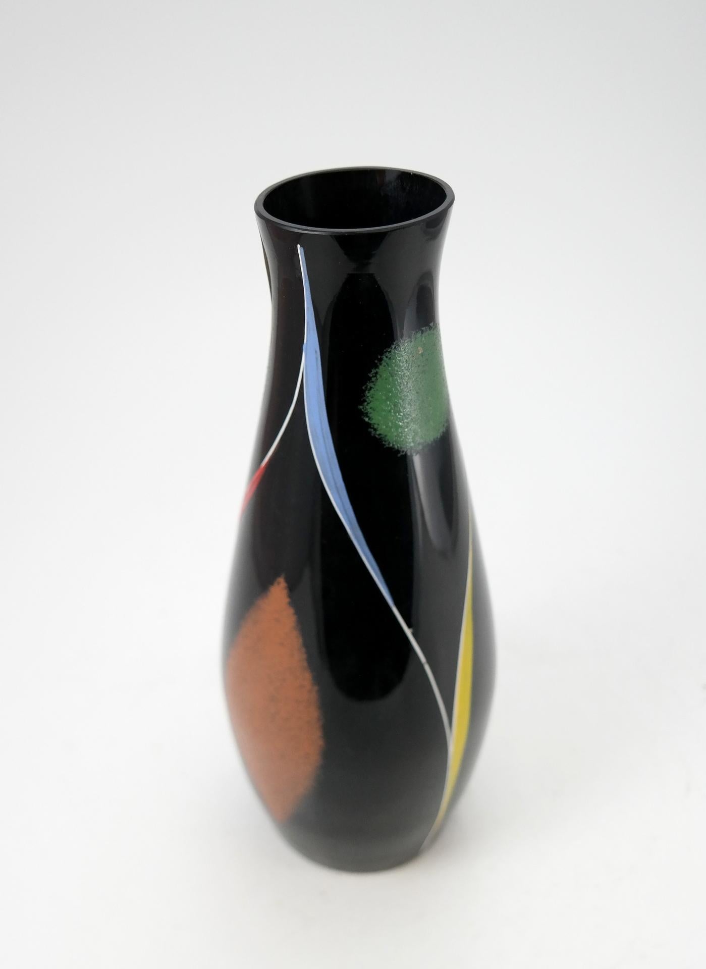 Mid-20th Century Hand Painted Black Glass Bonbonier by VEB Kunstglas Arnstadt, 1960s
