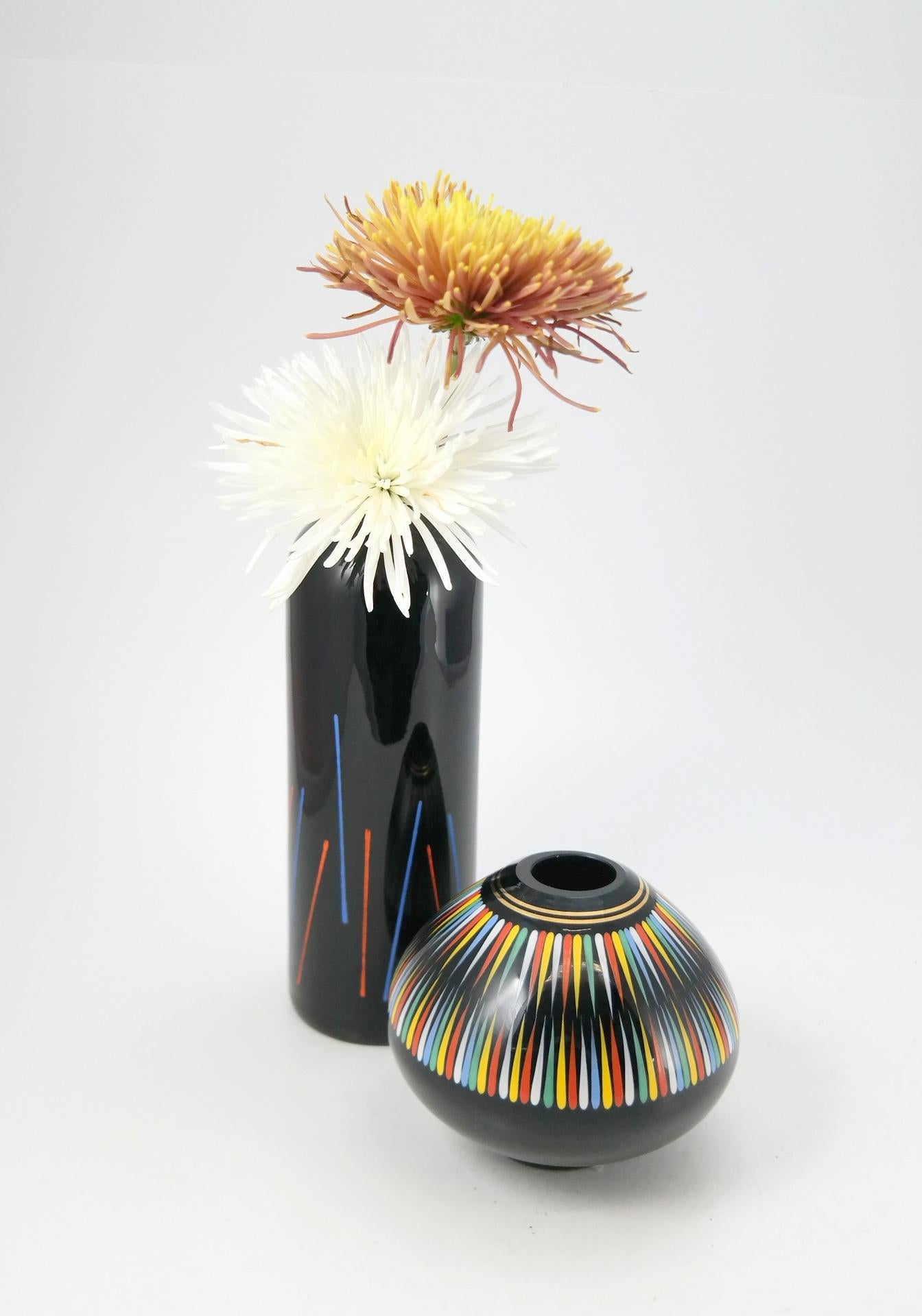 Hand painted black glass vase by VEB Kunstglas Arnstadt, 1960s.