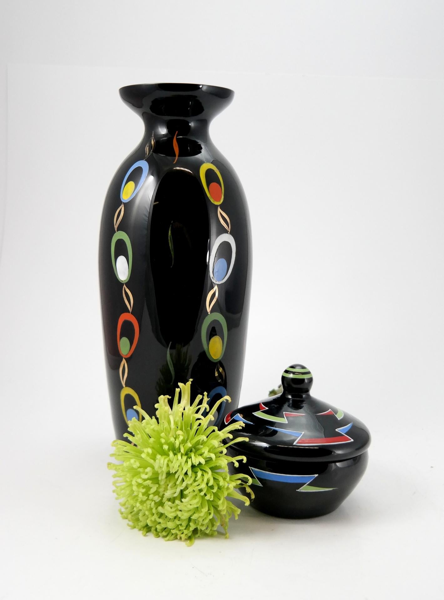 Hand painted black glass vase by VEB Kunstglas Arnstadt, 1960s.