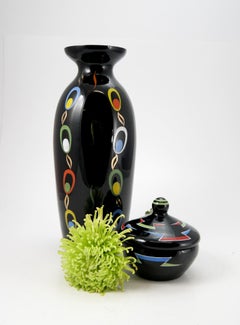 Hand Painted Black Glass Vase by VEB Kunstglas Arnstadt, 1960s