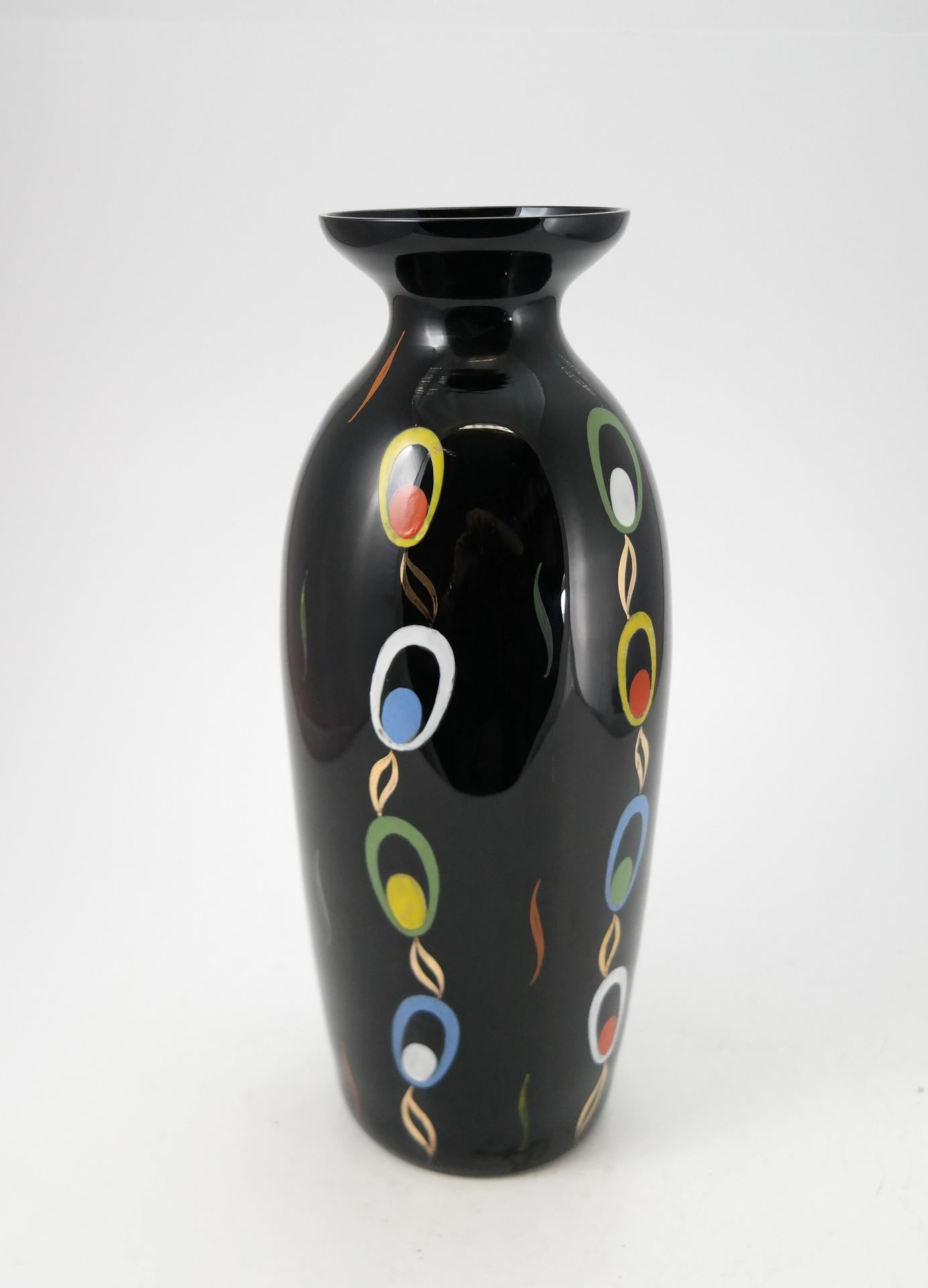 Mid-Century Modern Hand Painted Black Glass Vase by VEB Kunstglas Arnstadt, 1960s