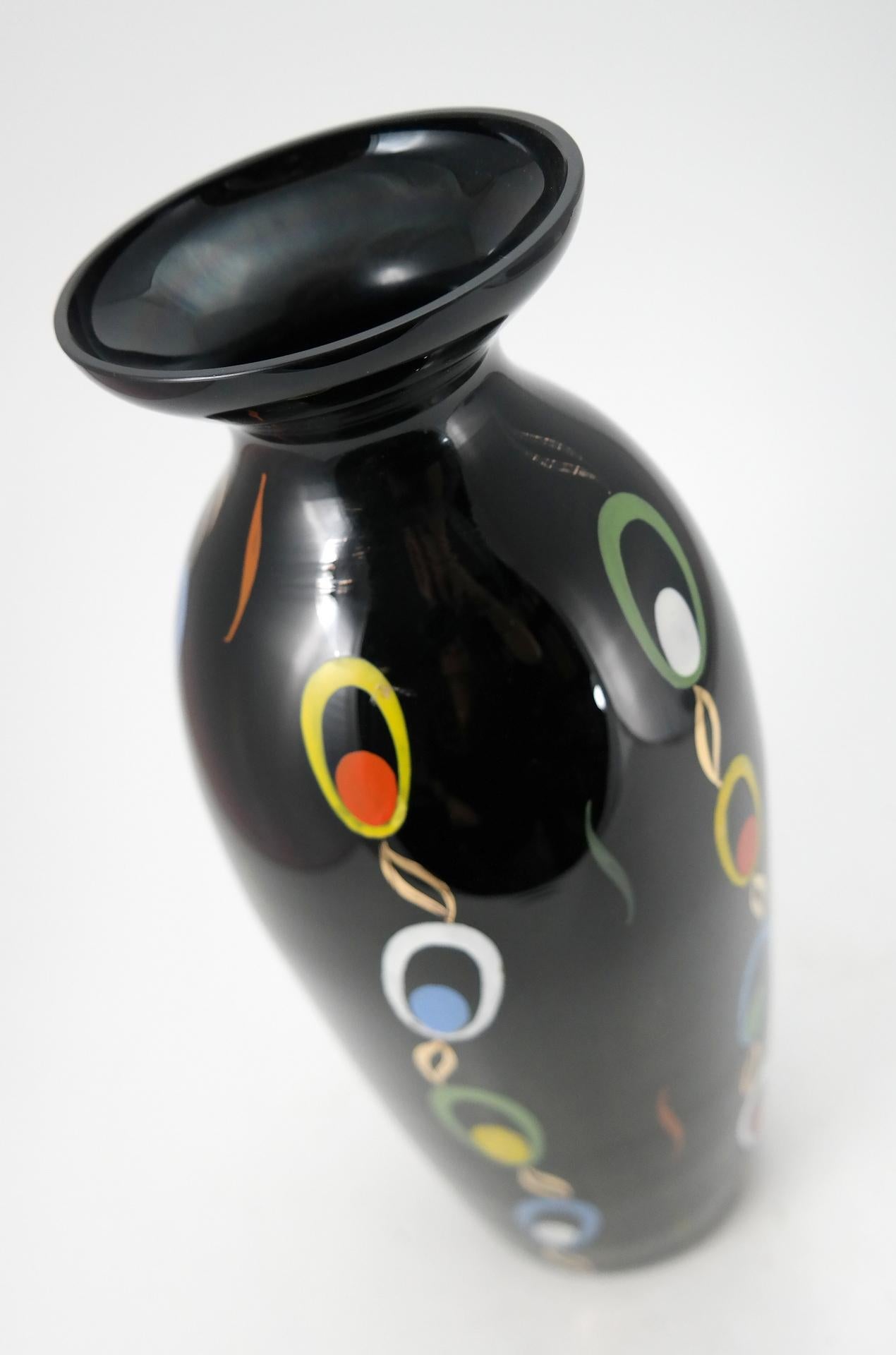 German Hand Painted Black Glass Vase by VEB Kunstglas Arnstadt, 1960s