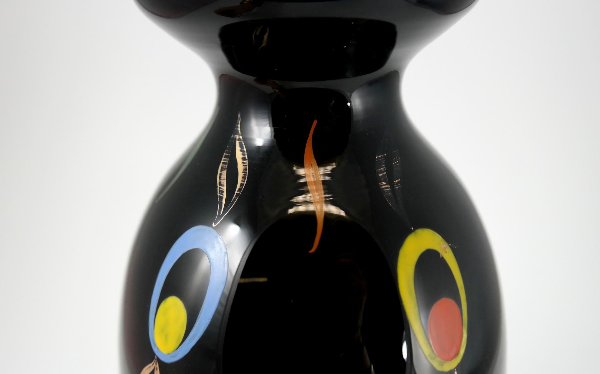 Mid-20th Century Hand Painted Black Glass Vase by VEB Kunstglas Arnstadt, 1960s