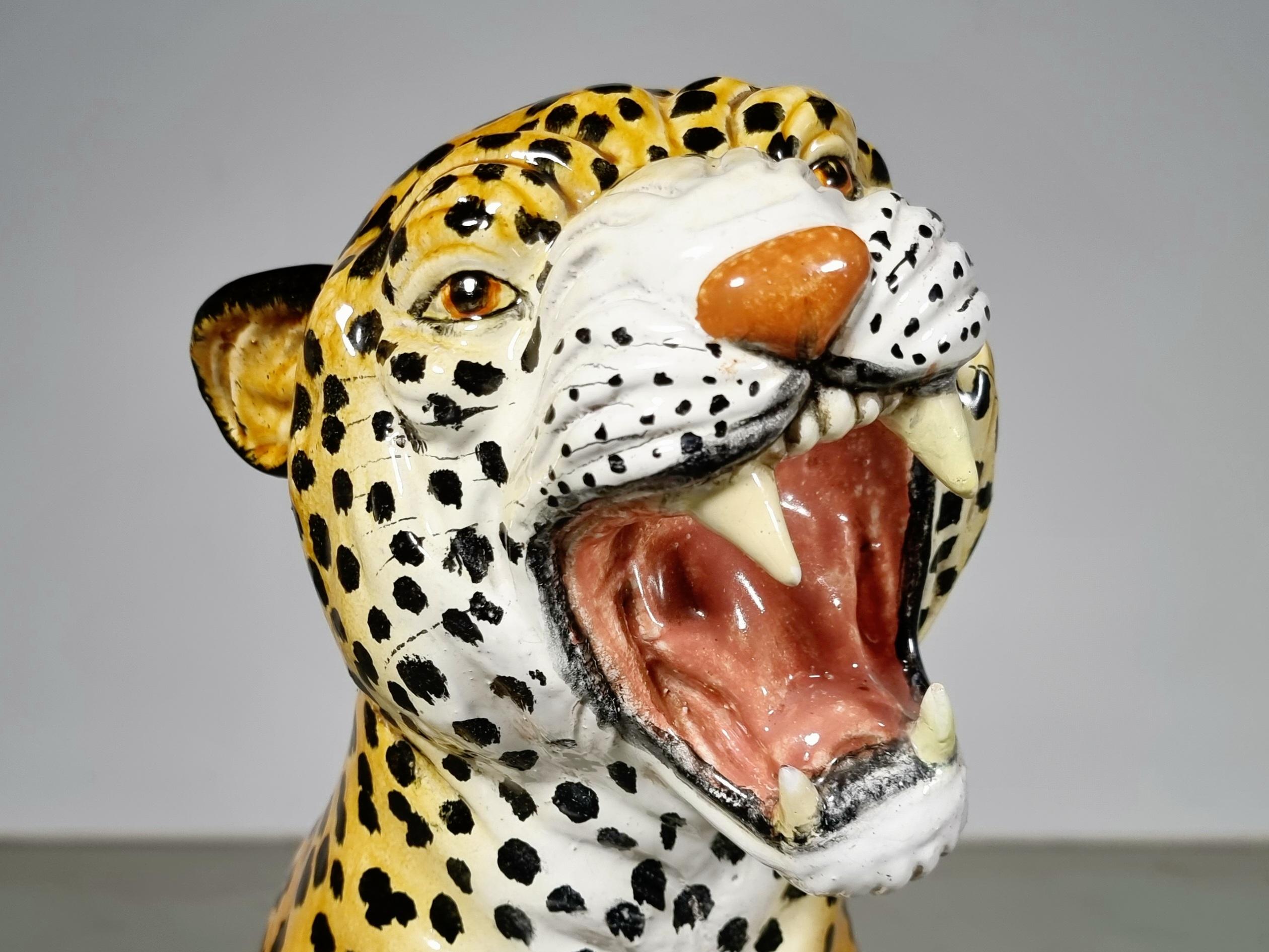 Hollywood Regency Handpainted Ceramic Leopard Sculpture, Italy, 1960s
