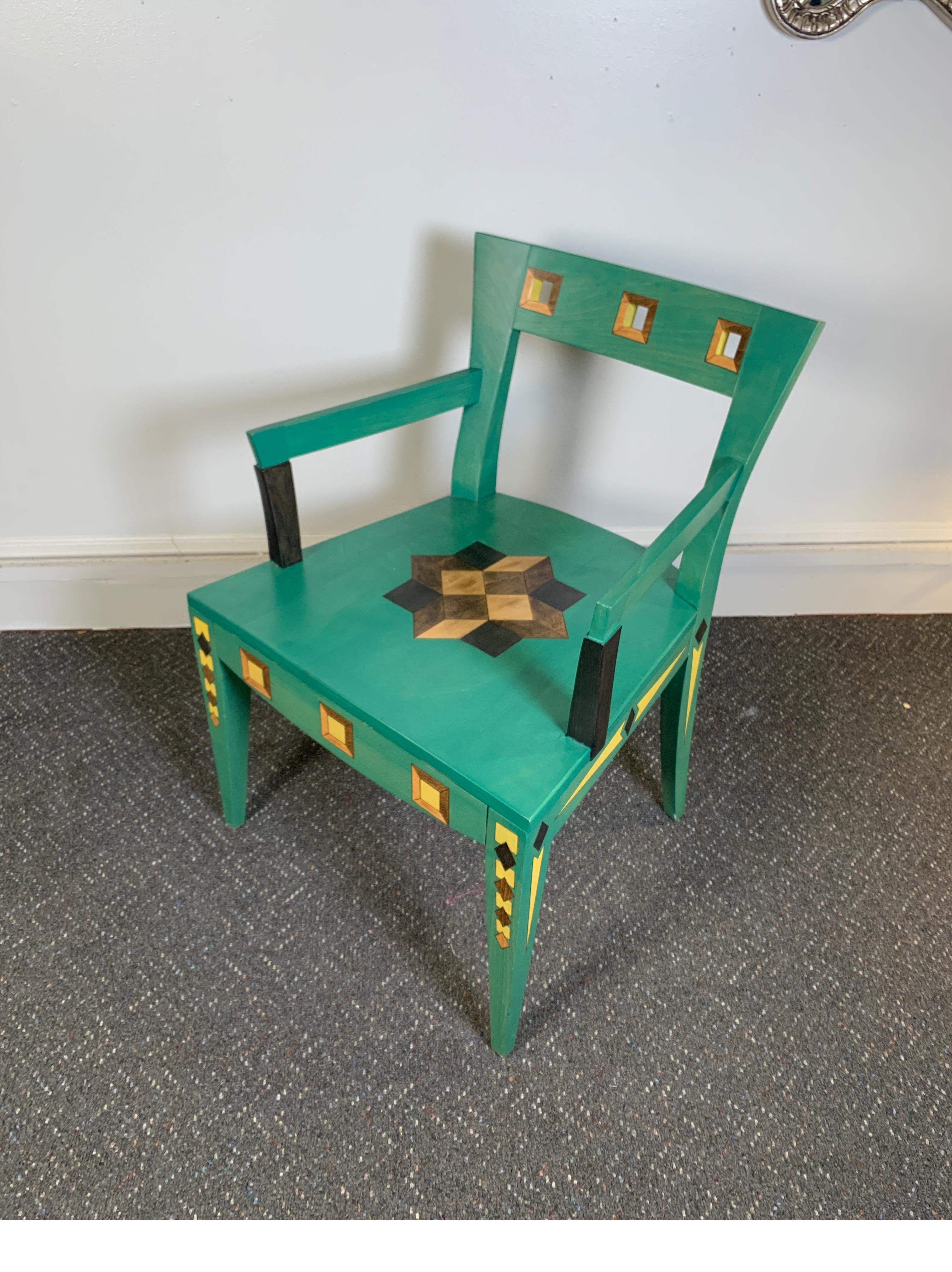 Accent chair with traditional faux marquetry designed and signed by renowned NY interior designer, Katherine Stevens.