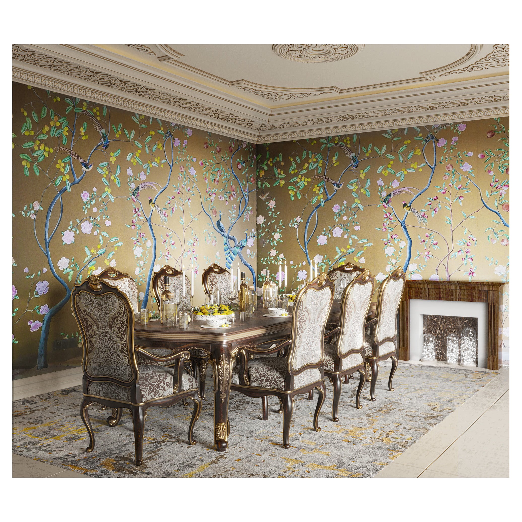 Handpainted Chinese Wallpaper Chinoiserie Enchanted Peacock Garden 19th Century For Sale