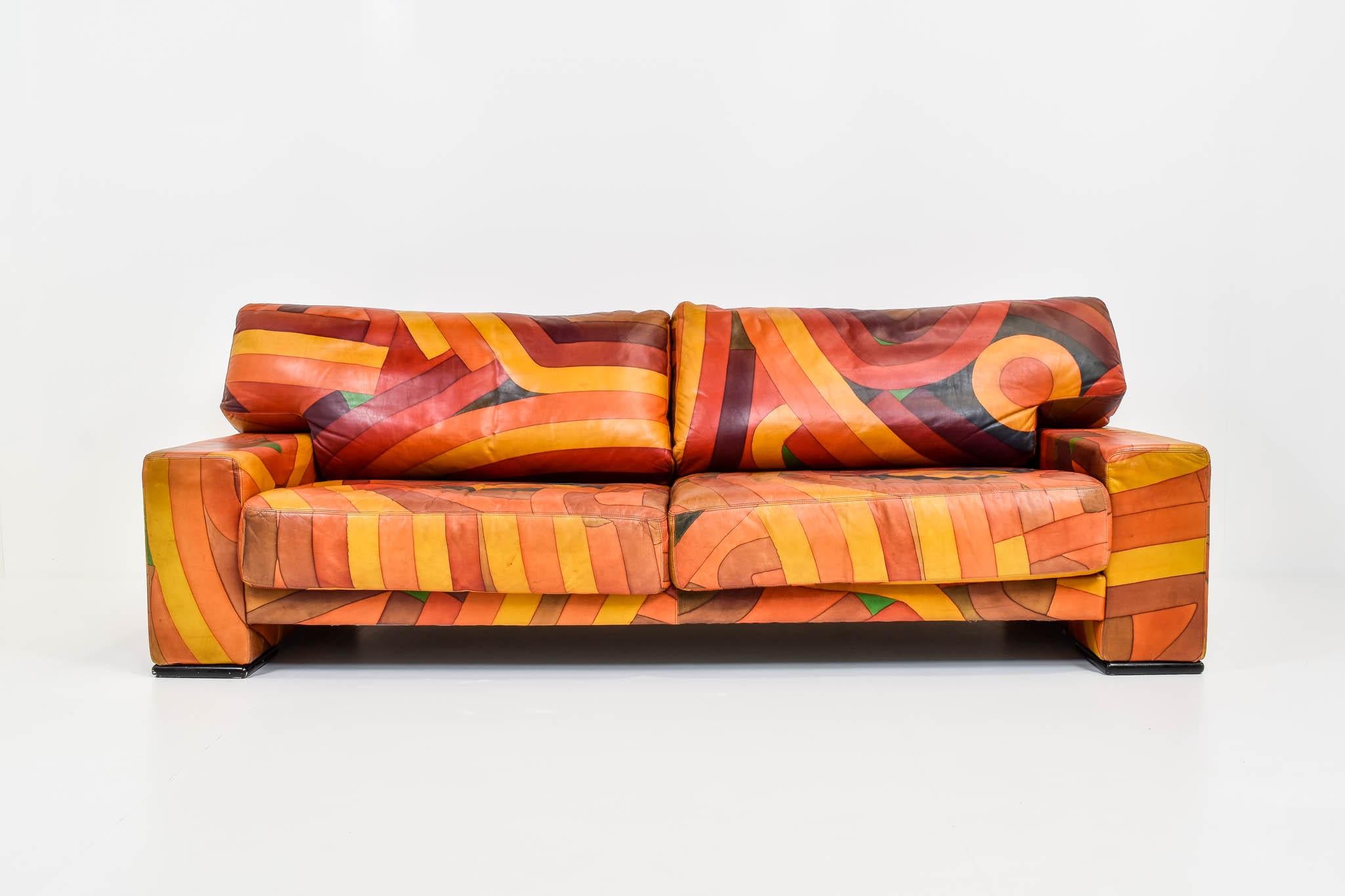Unique Handpainted Colorful Leather Sofa, 1980s 4