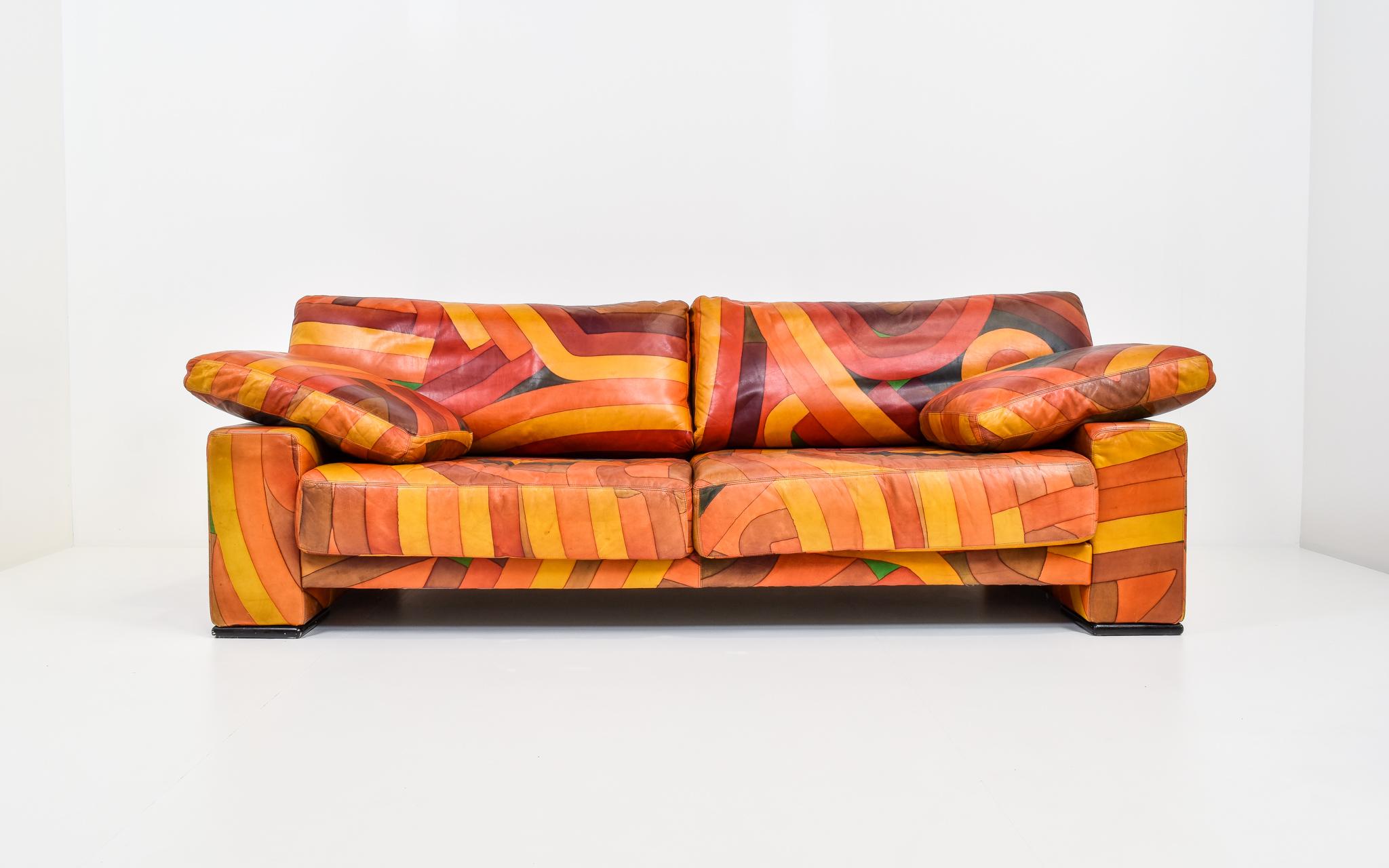 Very cool hand-painted sofa, sourced in the Netherlands. The sofa is signed but the artist has not been identified. Only 90 have been made, this is n°35. One-of-a-kind! 

In great vintage condition. Soft leather, no rips. 