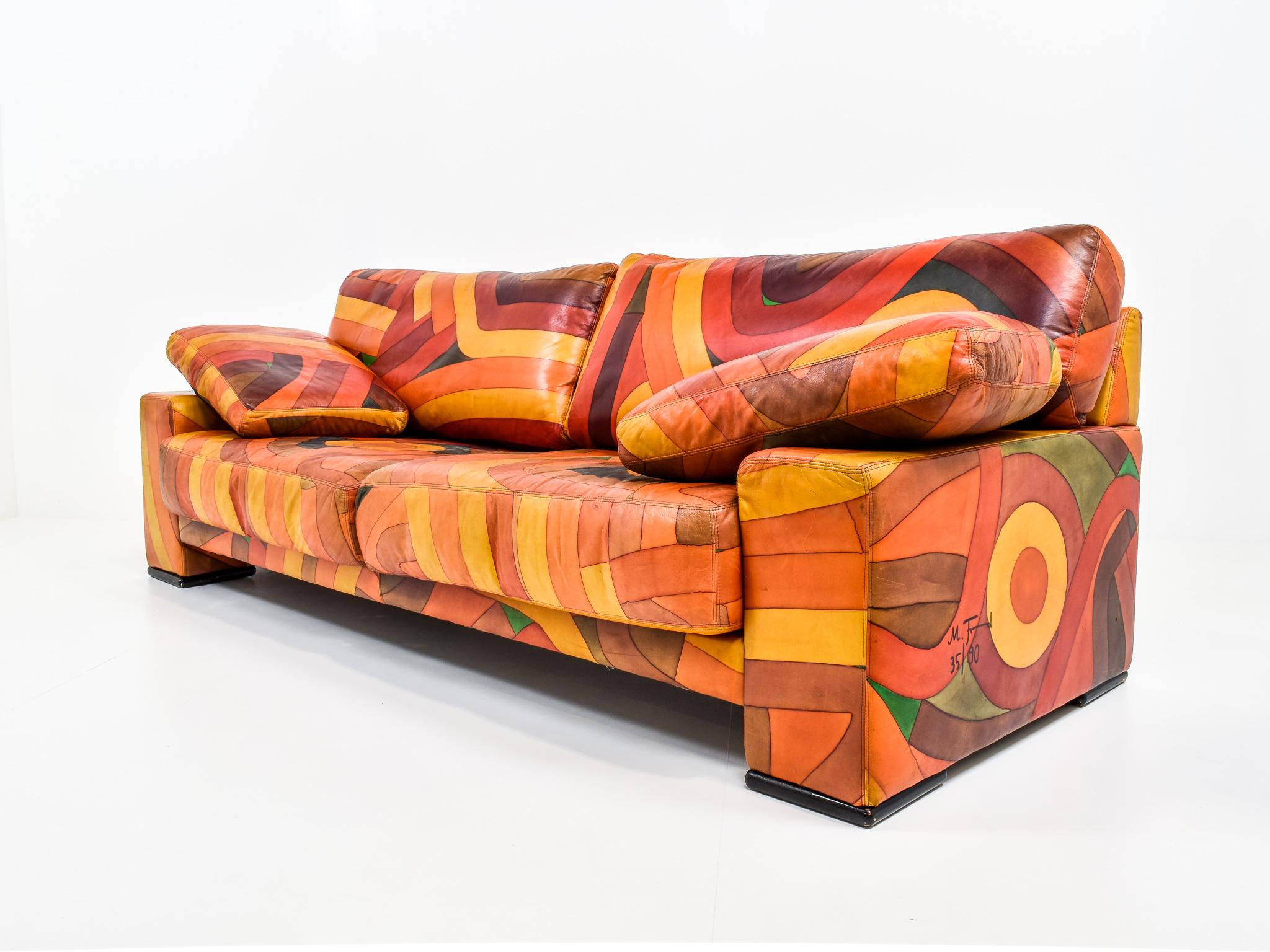 Unique Handpainted Colorful Leather Sofa, 1980s In Good Condition In Antwerp, BE