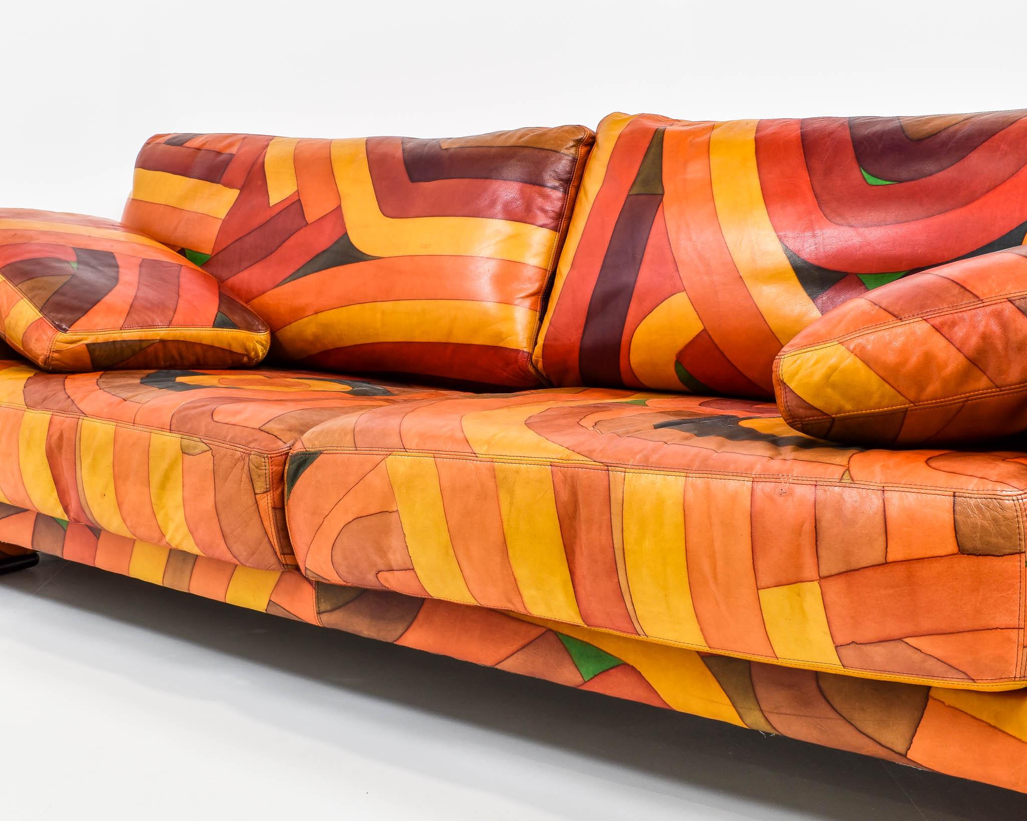 Late 20th Century Unique Handpainted Colorful Leather Sofa, 1980s
