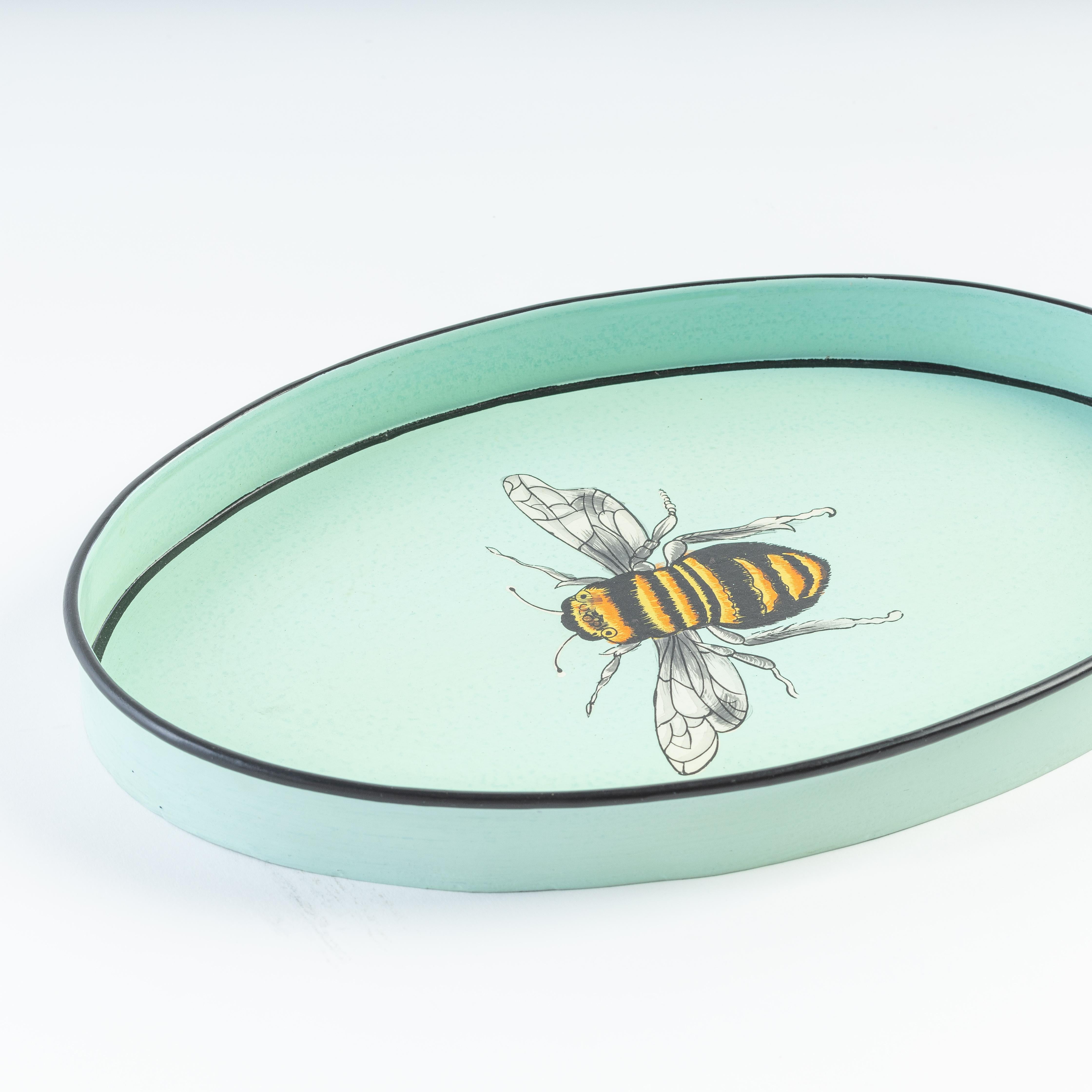 Bandeja de Hierro Decorativa Pintada a Mano - Abeja Azul Indio