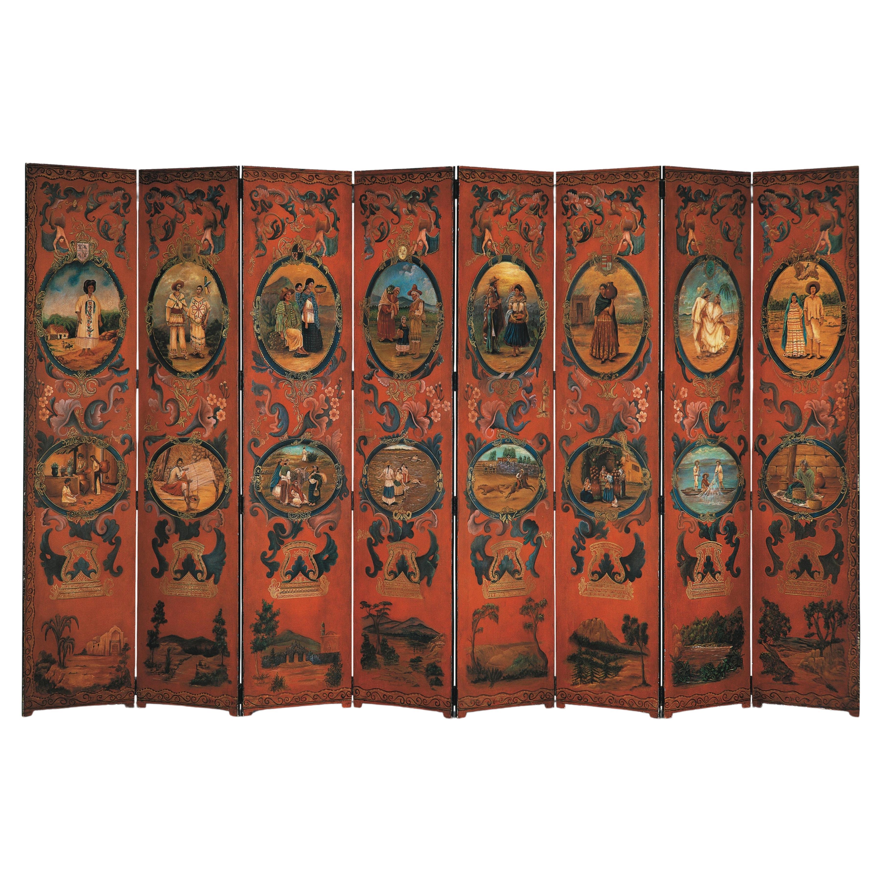 Hand Painted Eight Panel Screen with Ovals, a Reinterpretation from 18th Century For Sale