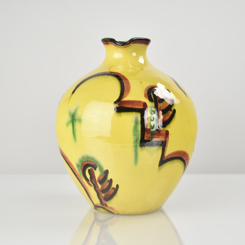 Inizio XX secolo Vaso a brocca in ceramica tedesca dell'epoca Bauhaus dipinto a mano - Design suprematista Art Deco in vendita