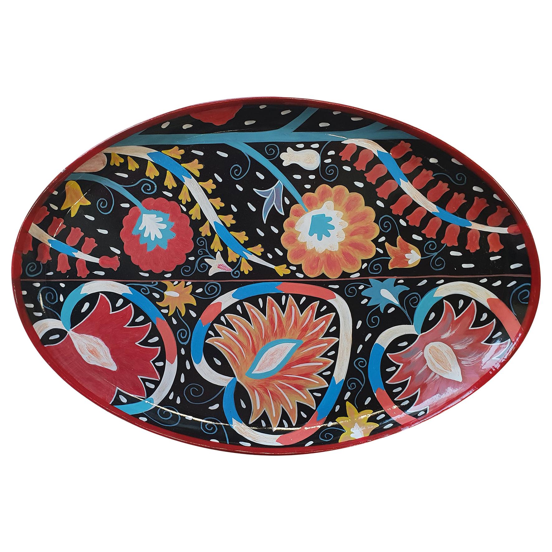 Handpainted Ikat Black Flower Iron Tray For Sale