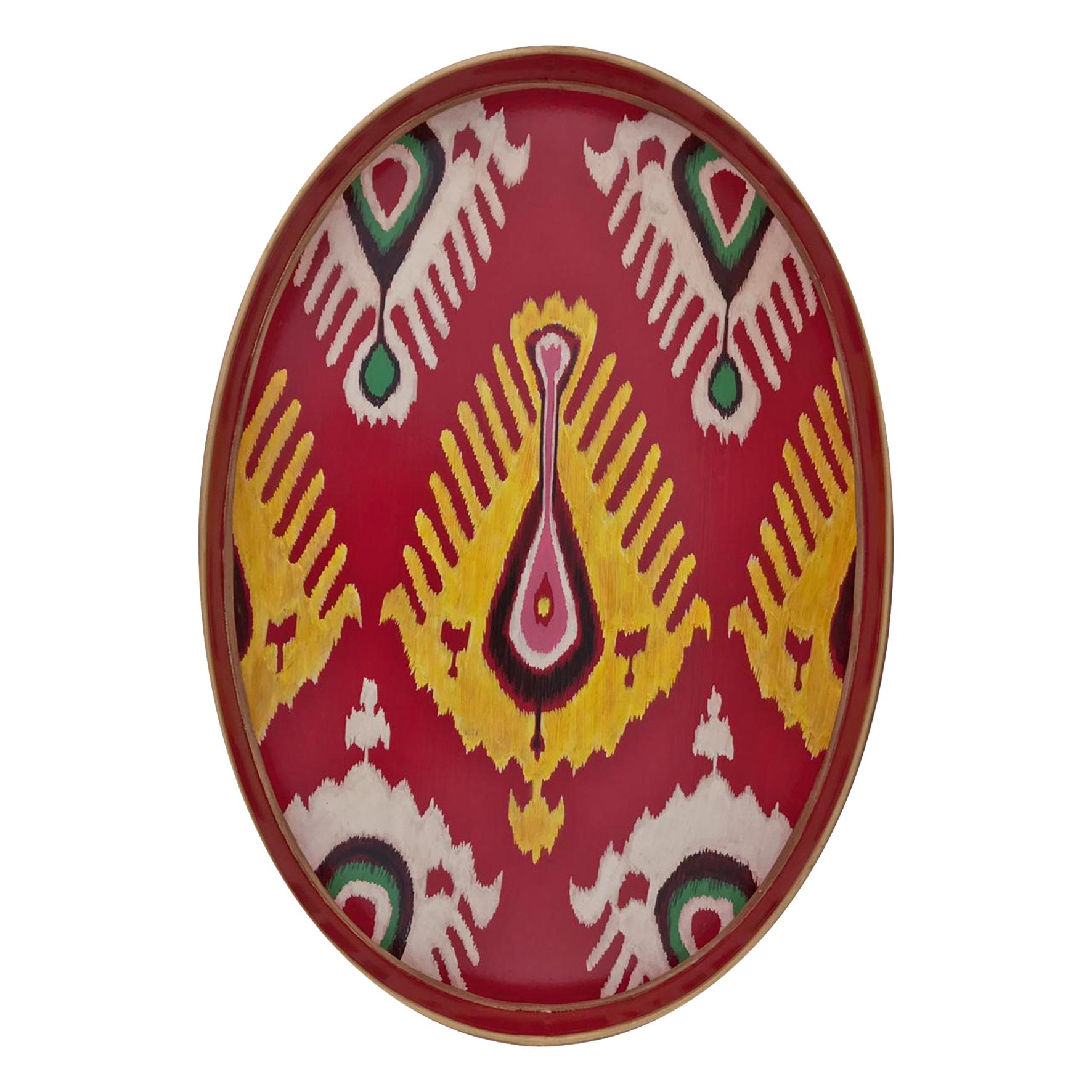 Handpainted Ikat Red Flames Iron Tray For Sale
