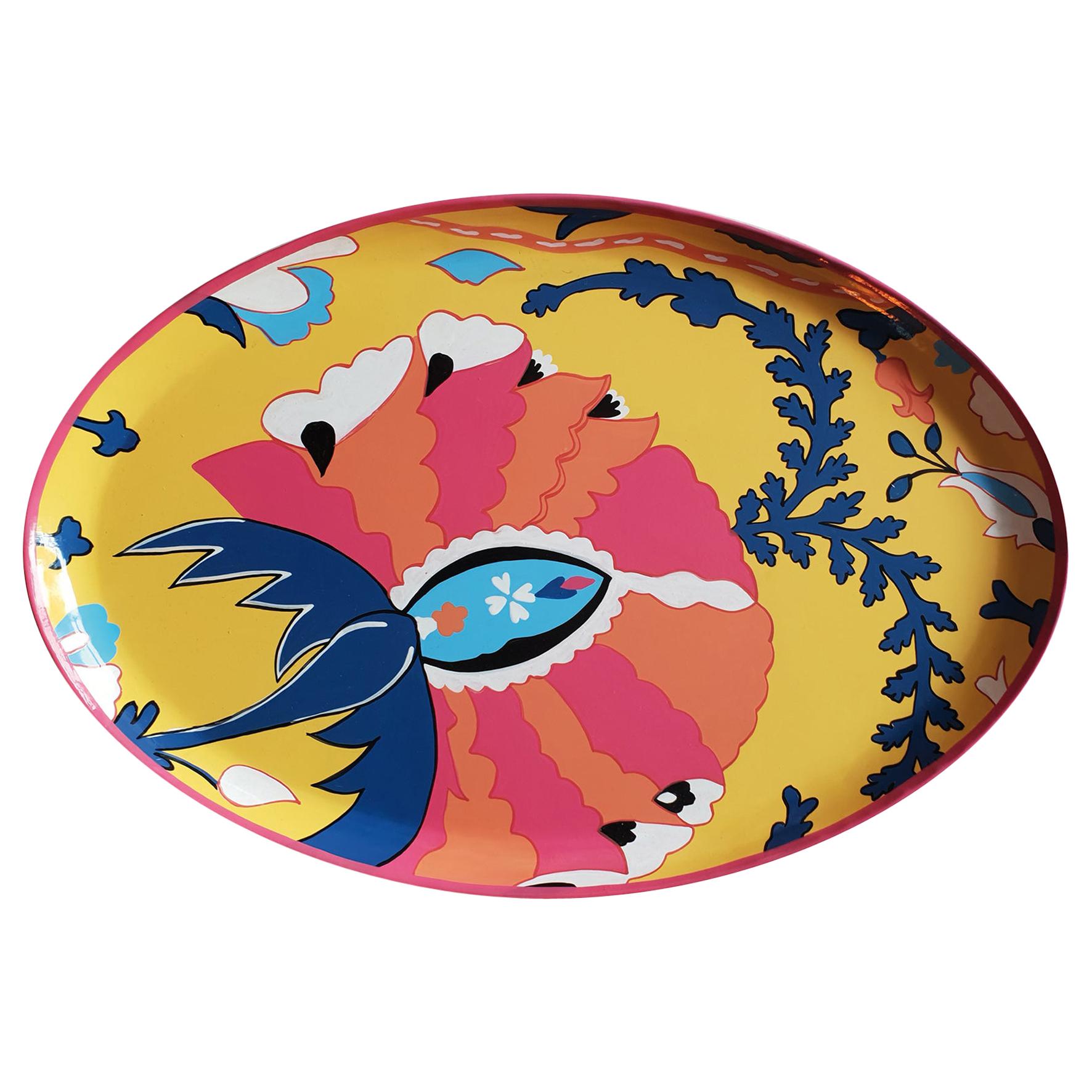 Hand Painted Ikat Red Flower Iron Tray For Sale