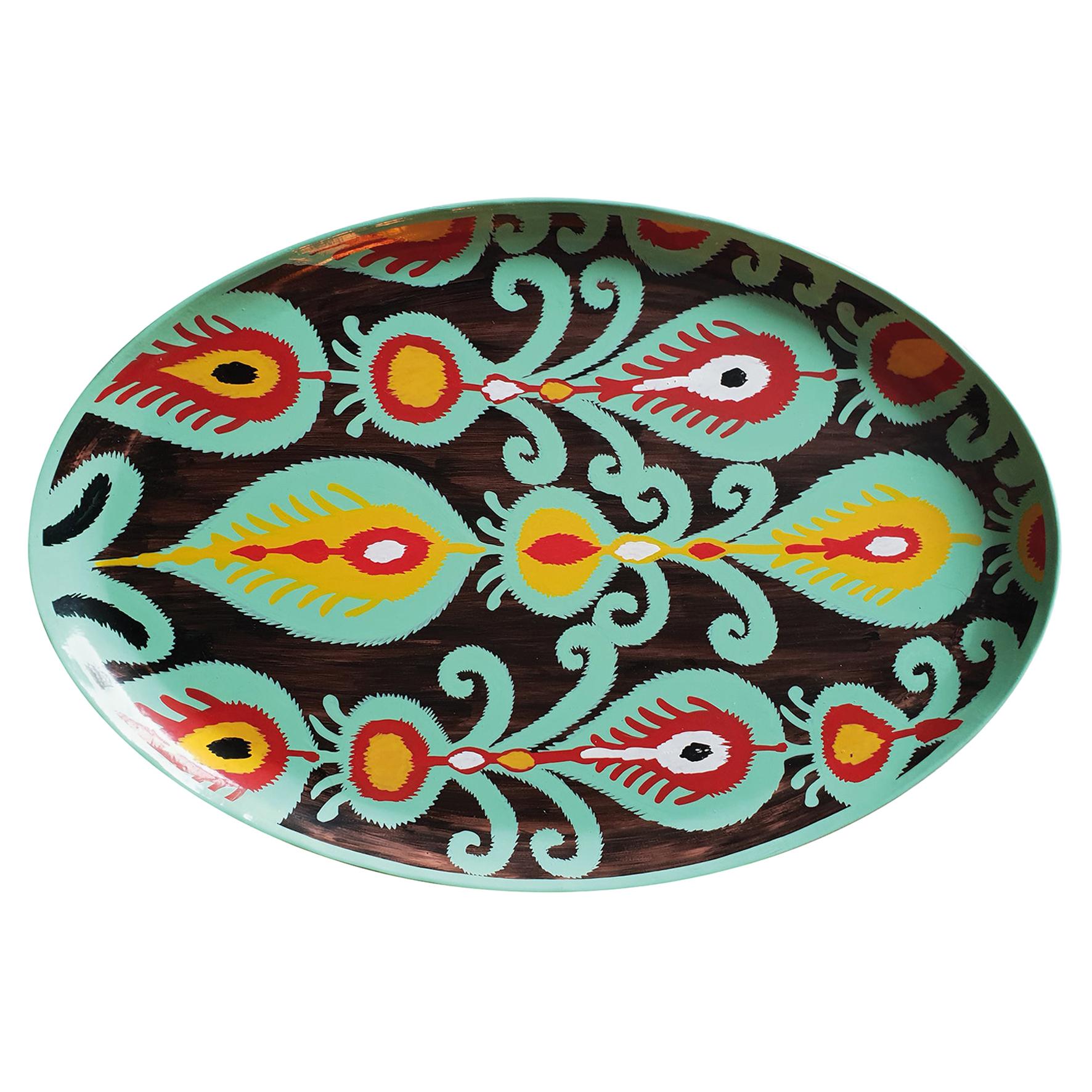Hand Painted Ikat Turquoise Flower Iron Tray