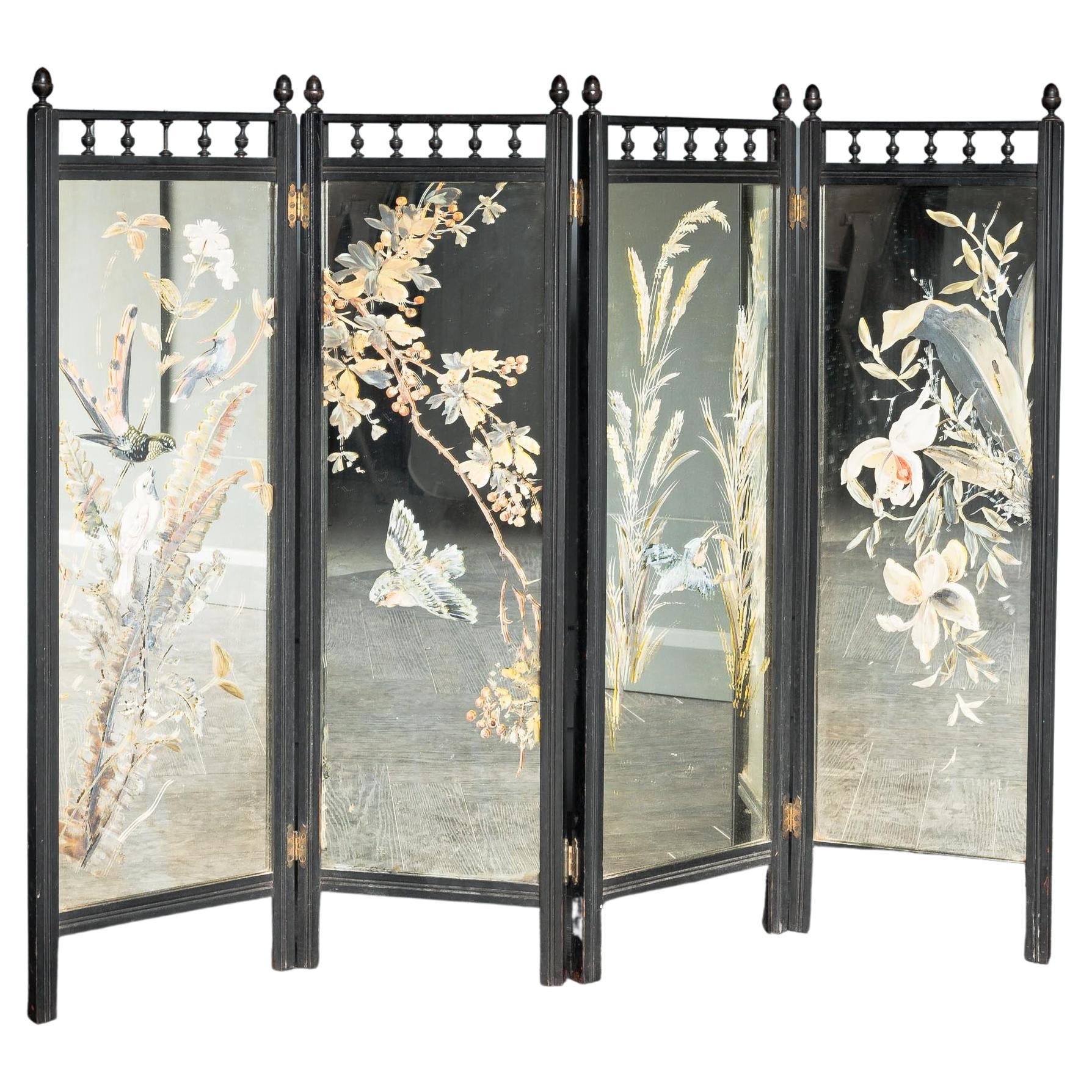 Handpainted Mirrored Screen For Sale
