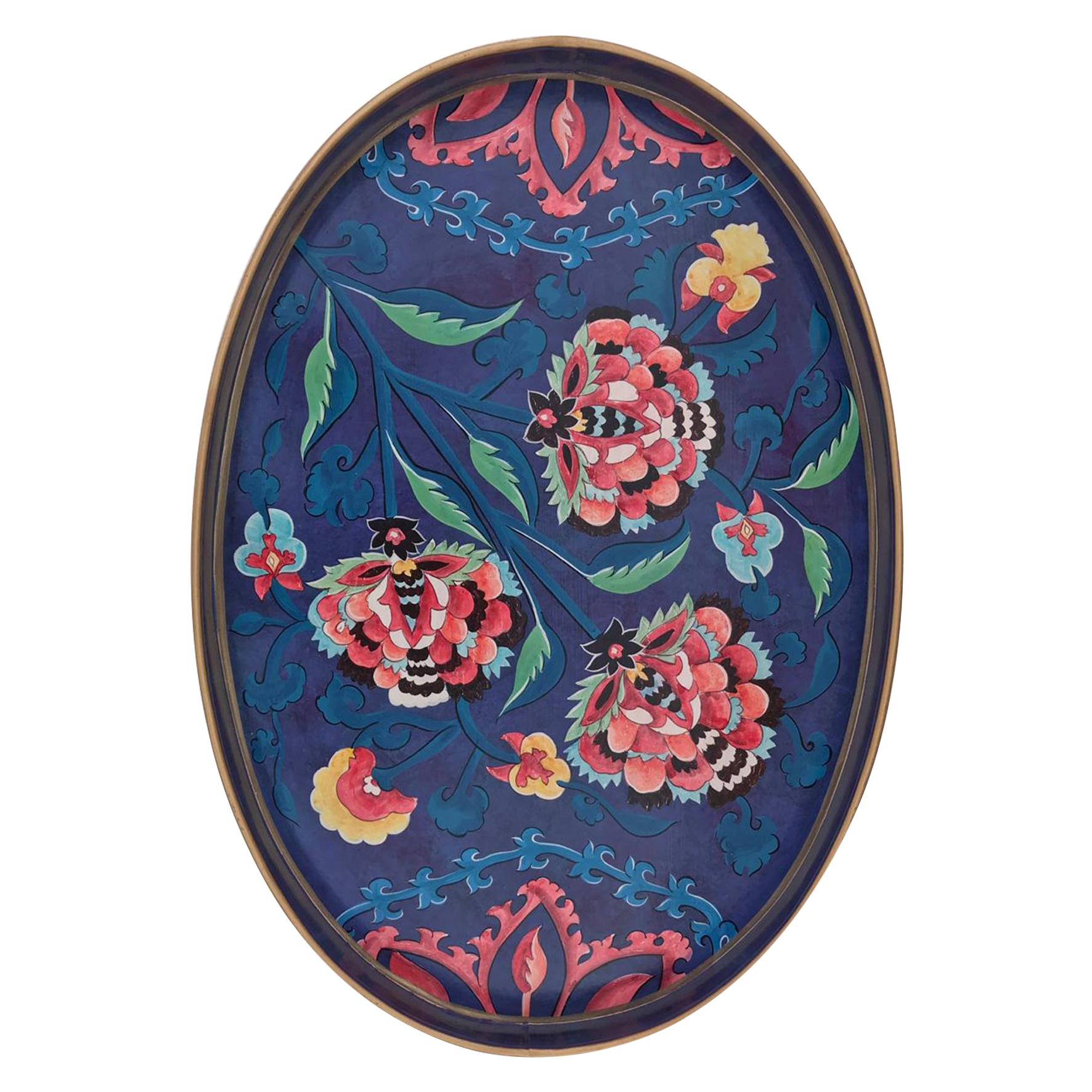 Handpainted Persian Iron Tray Flowers For Sale