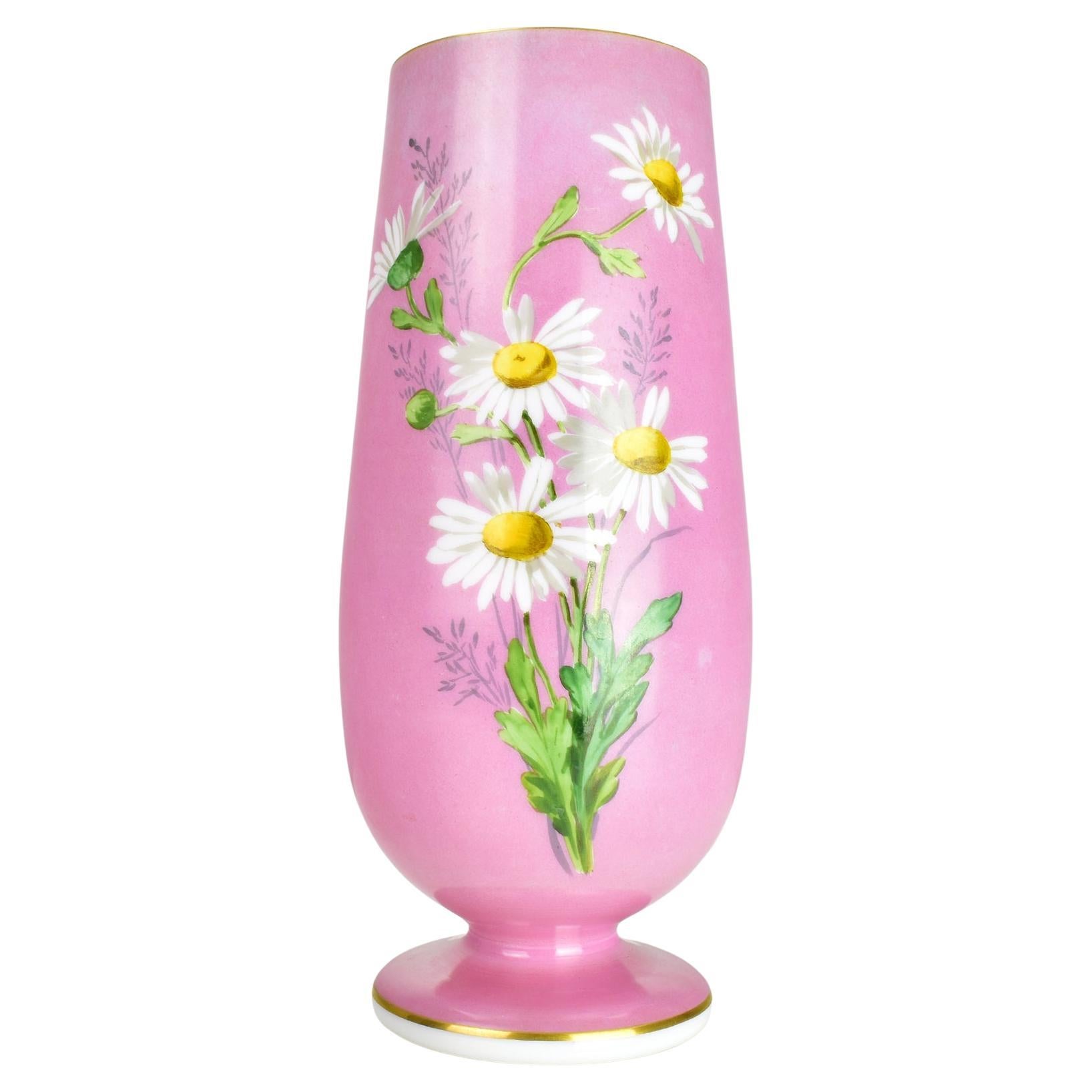 Handpainted Pink Opaline Glass Vase with Daisies, 19th Century