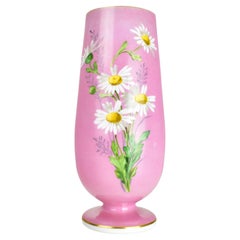 Handpainted Pink Opaline Glass Vase with Daisies, 19th Century
