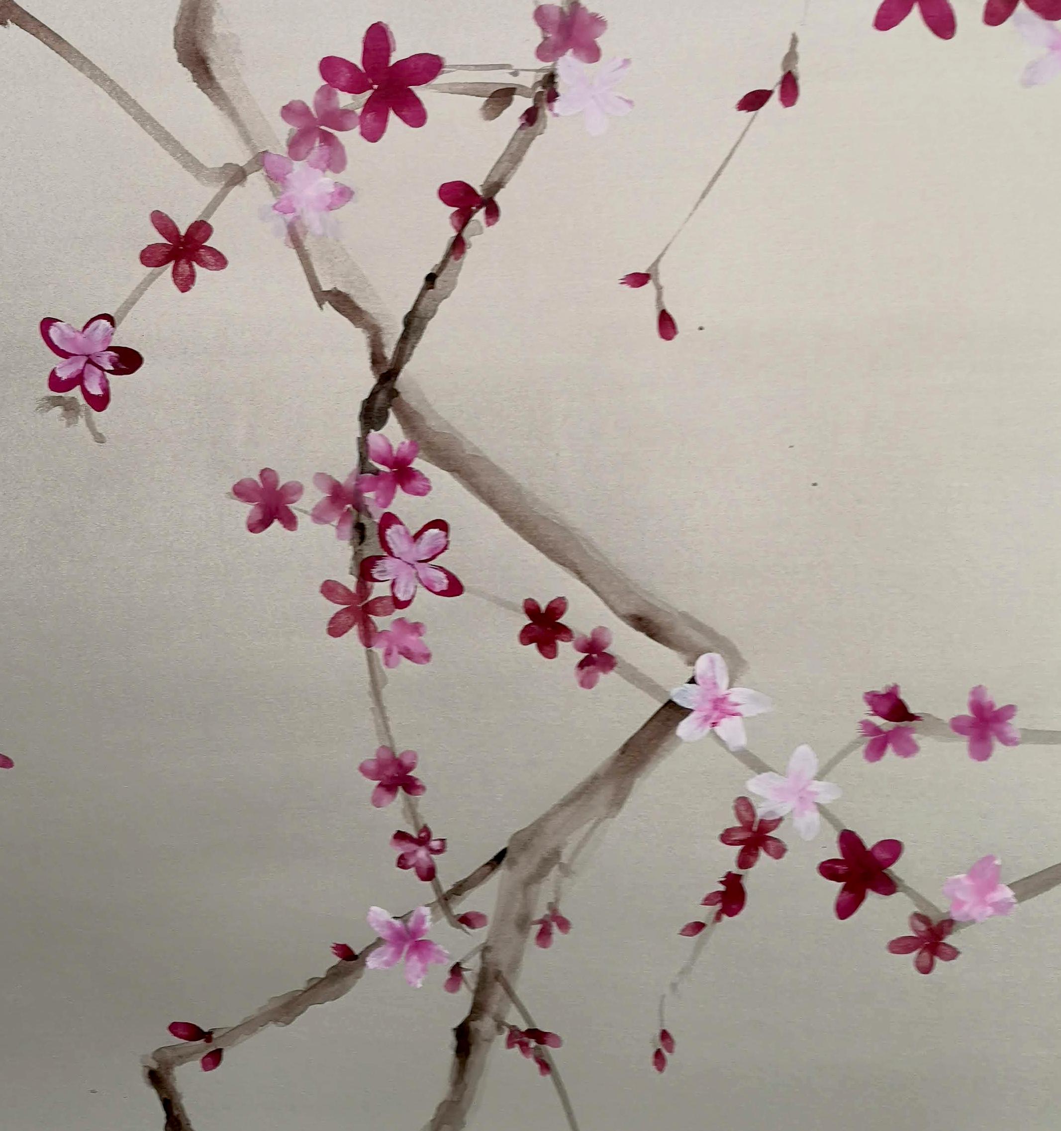 A work consisting of three panels representing a plum blossom, to achieve this delicate effect the sumi-e technique has been used. The work has been entirely hand painted on 100% natural cotton paper, hand lacquered with a metallic base, based on