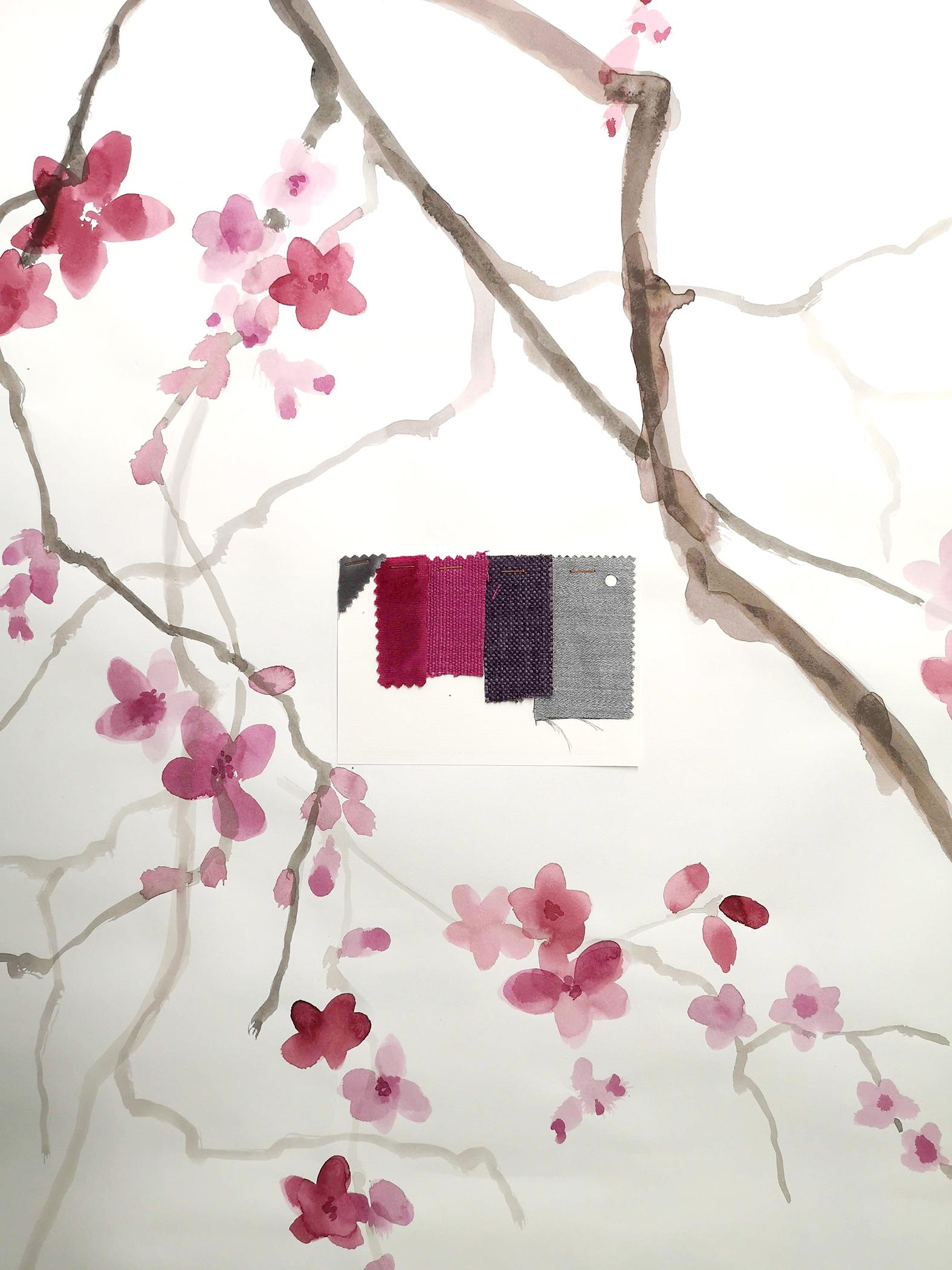 Espagnol e tapisserie murale « Sakura » peinte à la main, lot de trois en vente