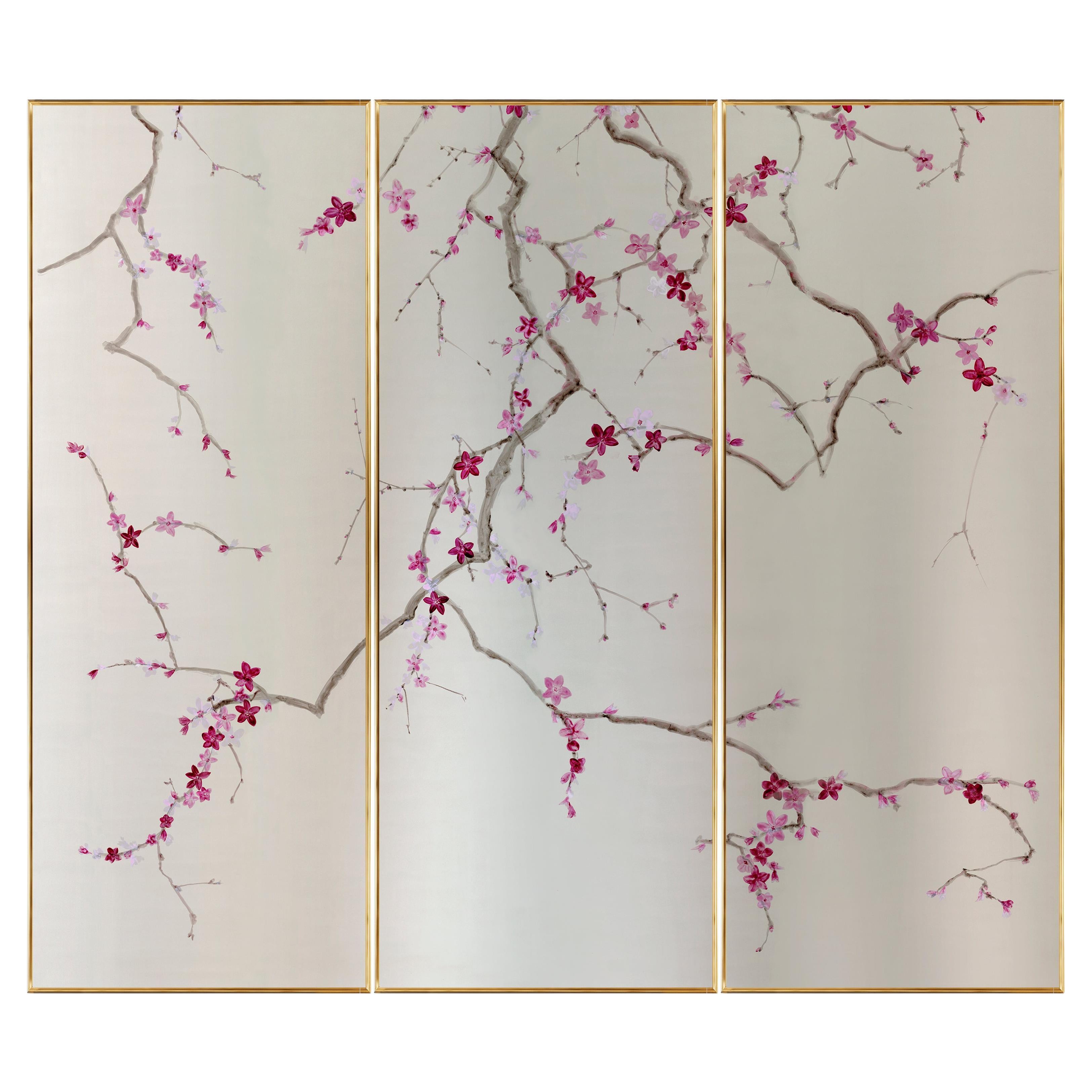 Hand Painted Wallpaper "Sakura", Set of Three - Made in Spain