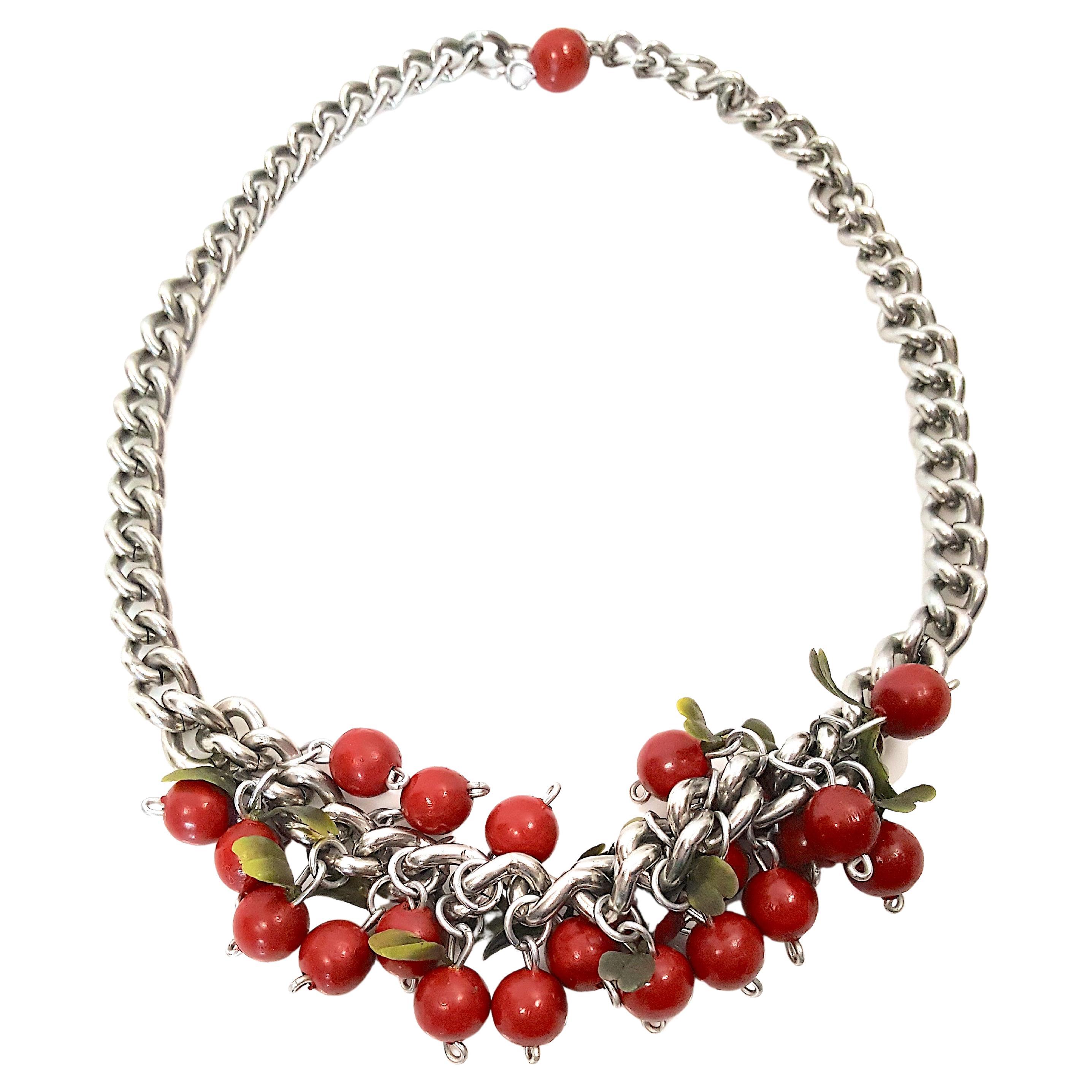 Couture HandPaintedWood CherryFruit RedGreenCharms SilverChain Link Necklace For Sale