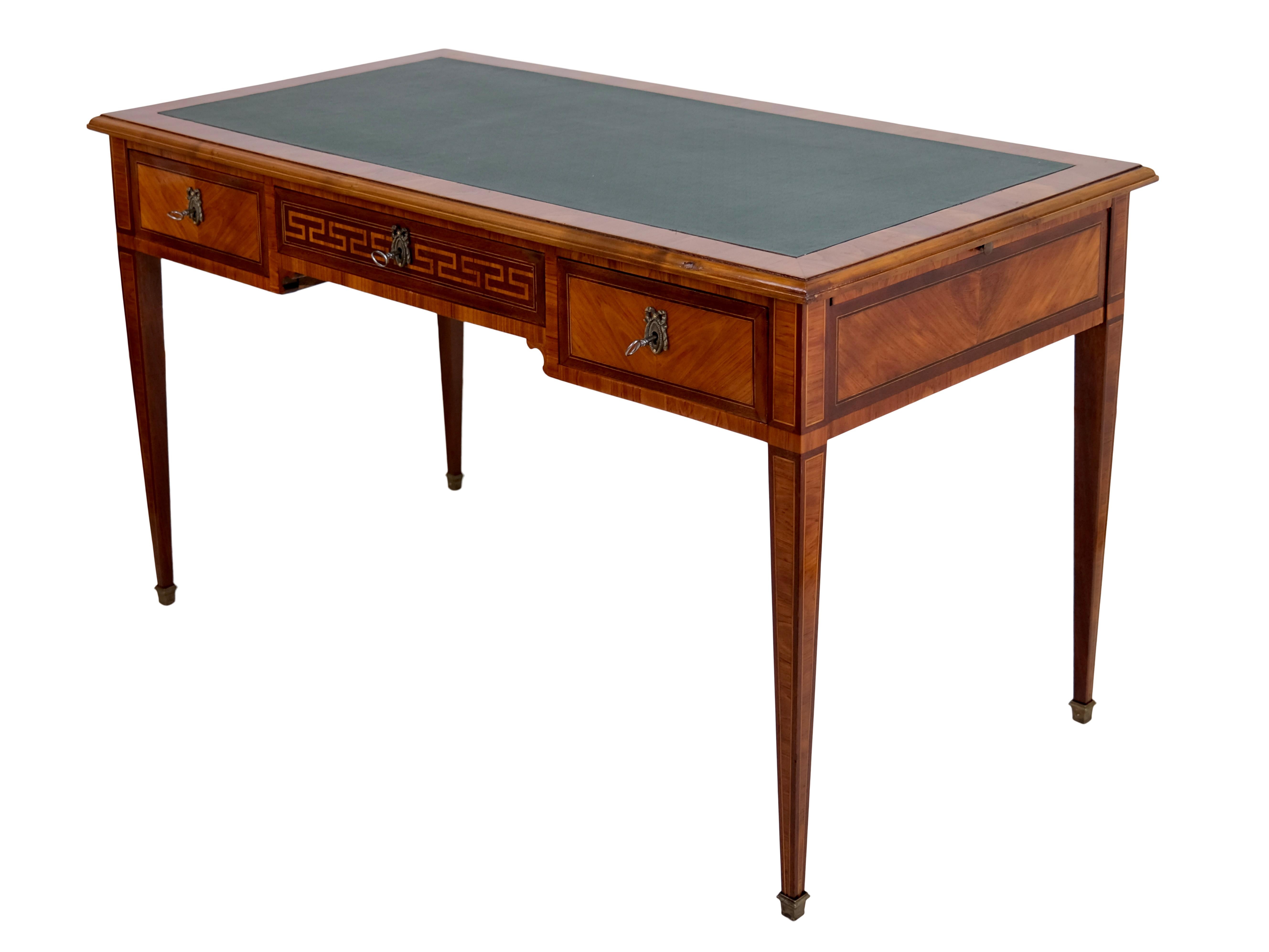 French Handpolished 1830s Louis Seize XVI Desk with Green Leather Tabletop