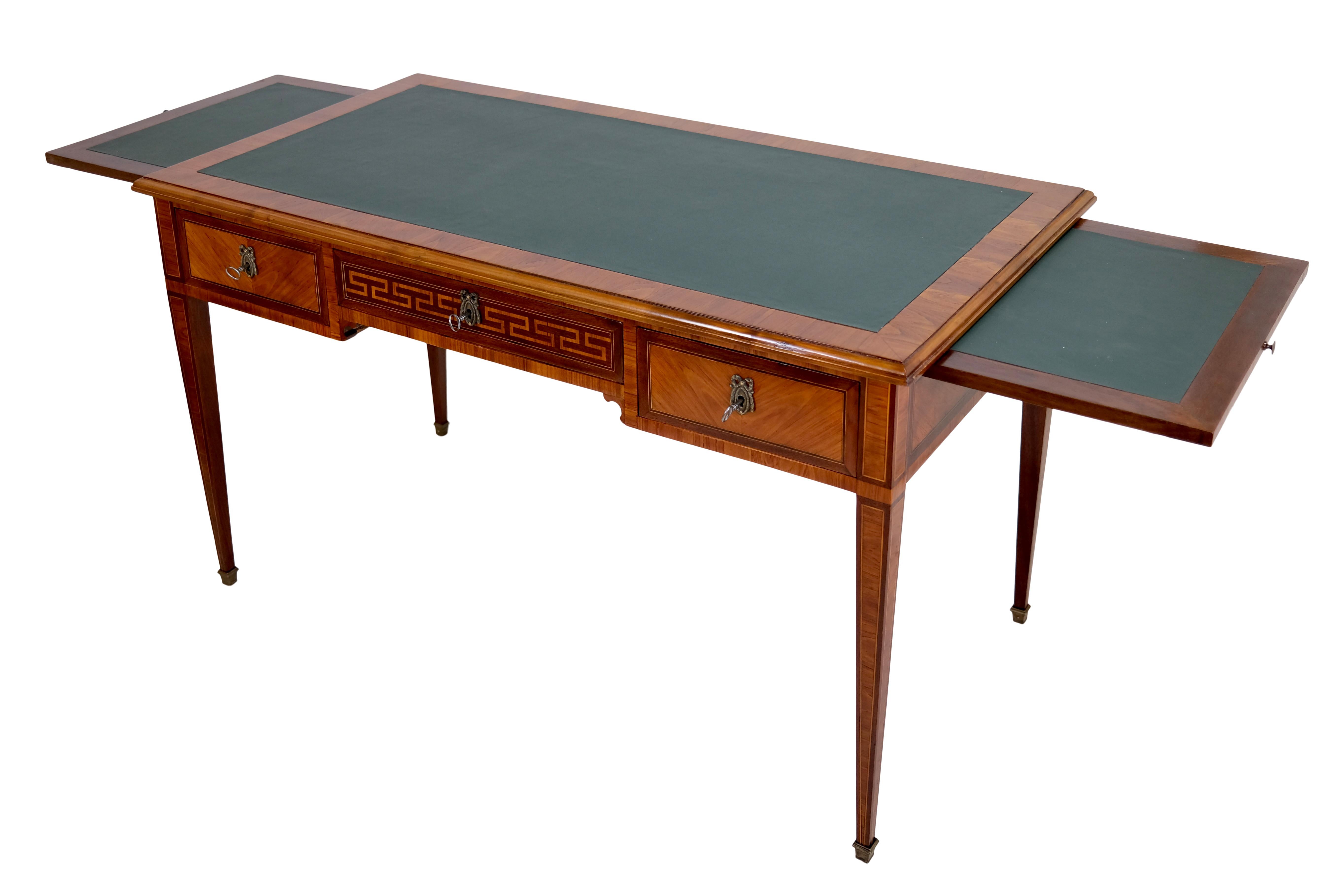 Handpolished 1830s Louis Seize XVI Desk with Green Leather Tabletop In Fair Condition In Ulm, DE