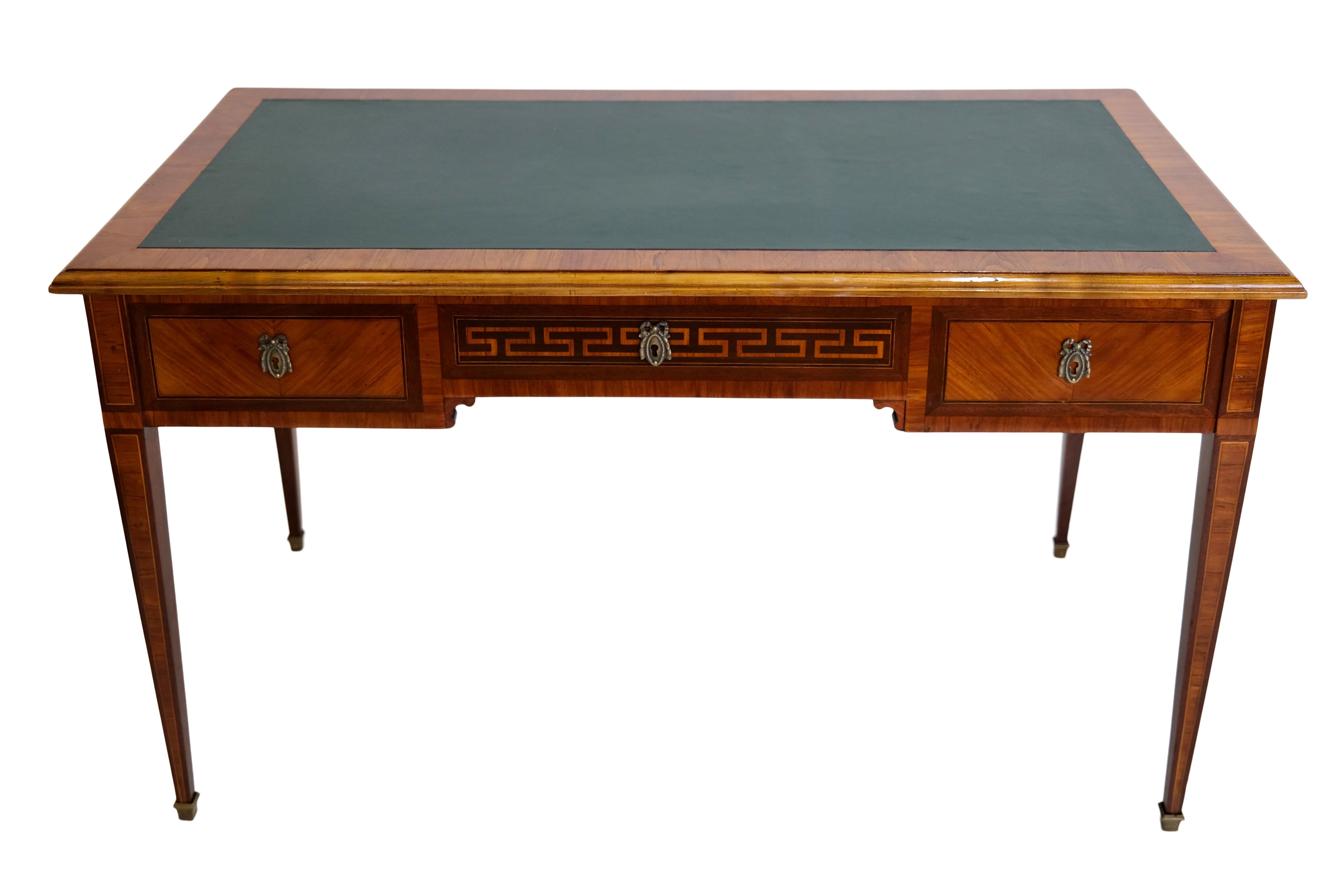 19th Century Handpolished 1830s Louis Seize XVI Desk with Green Leather Tabletop