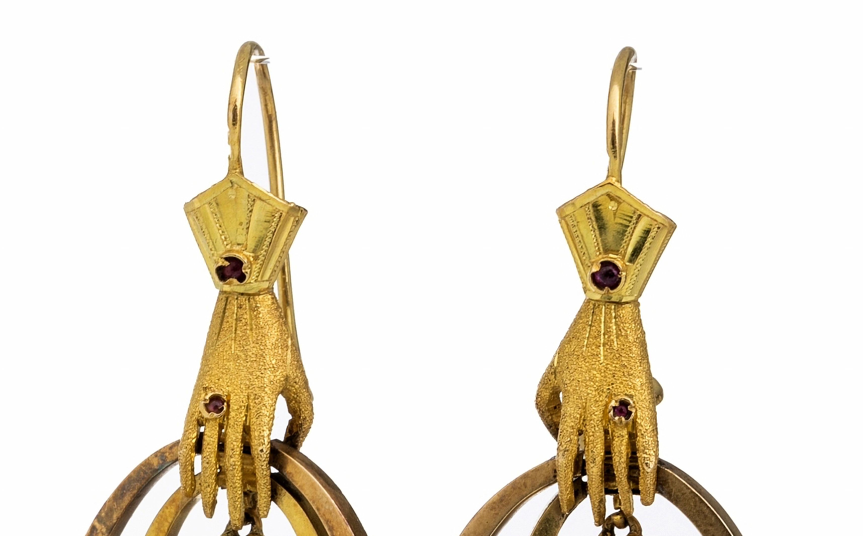 English 'Hands' Earrings in Gold 19th Century Victorians in 18kt Gold For Sale