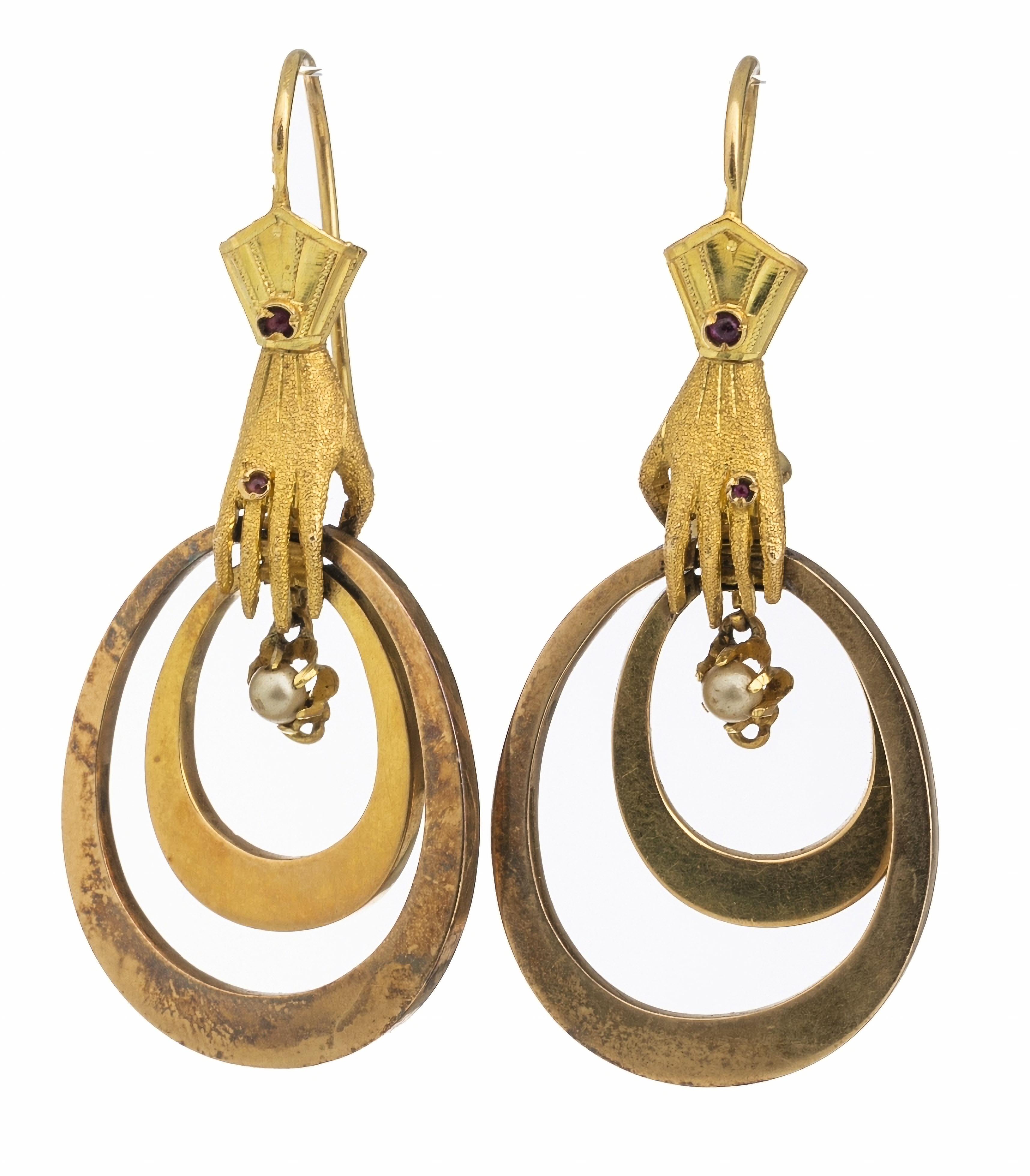 Hand-Crafted 'Hands' Earrings in Gold 19th Century Victorians in 18kt Gold For Sale