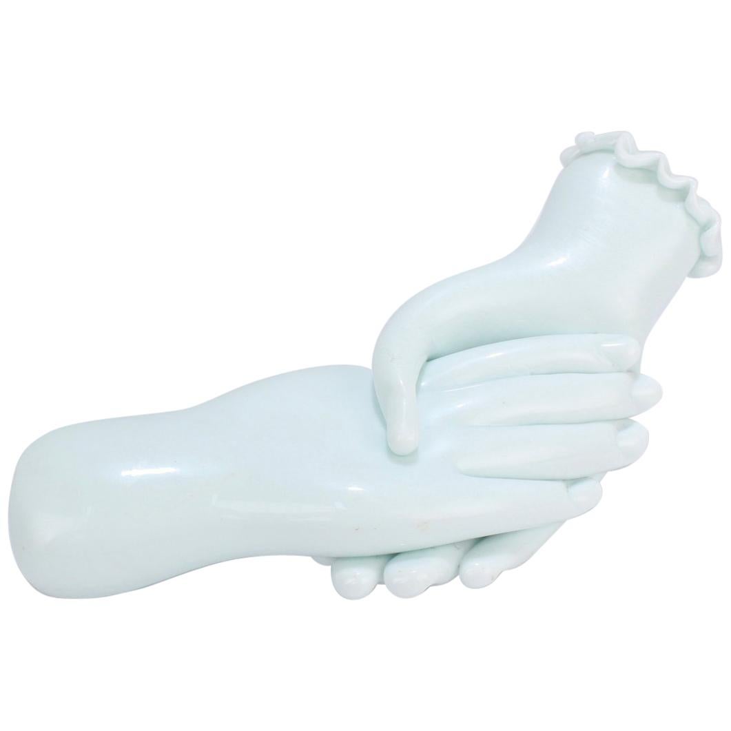 Handshake, a Post-War Lattimo Art Glass Sculpture by Fulvio Bianconi for Venini